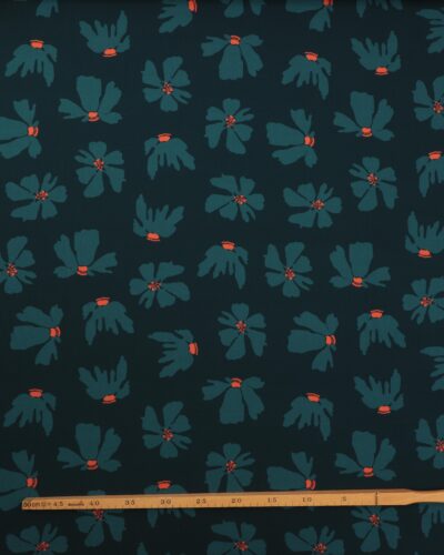Alternative view of Mørk petrol med petrolfarvet blomster - Twillvævet viskose