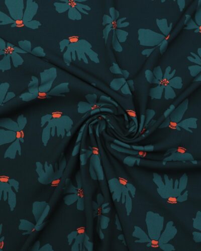 Mørk petrol med petrolfarvet blomster - Twillvævet viskose