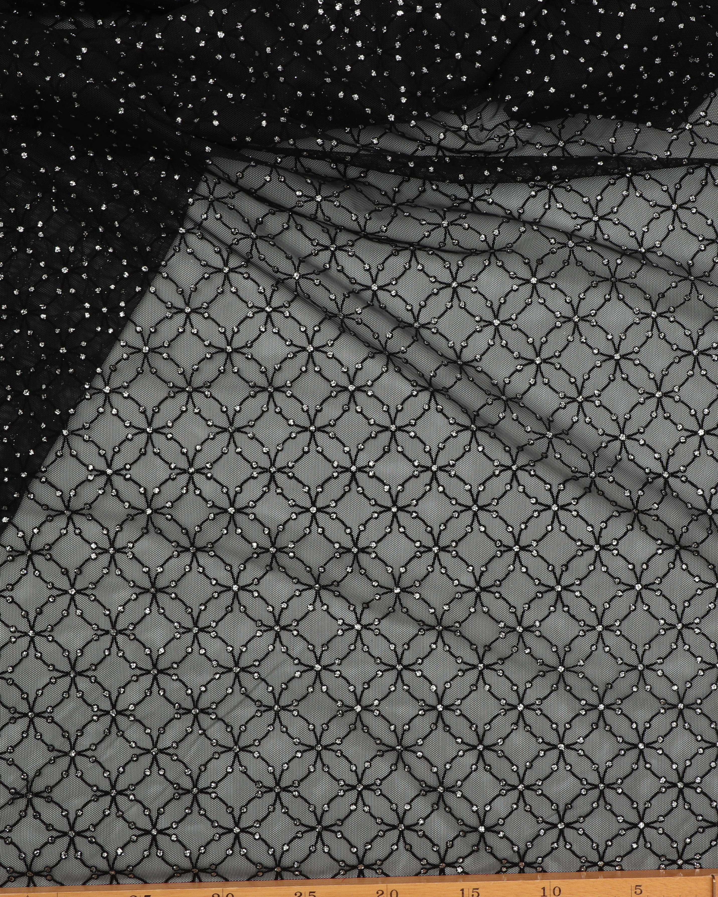 Sort tyl med sort mønster og sølv - Polyester 4 Sort tyl med sort mønster og sølv - Polyester - Billede 2