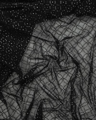 Sort tyl med sort mønster og sølv - Polyester 7 Sort tyl med sort mønster og sølv - Polyester