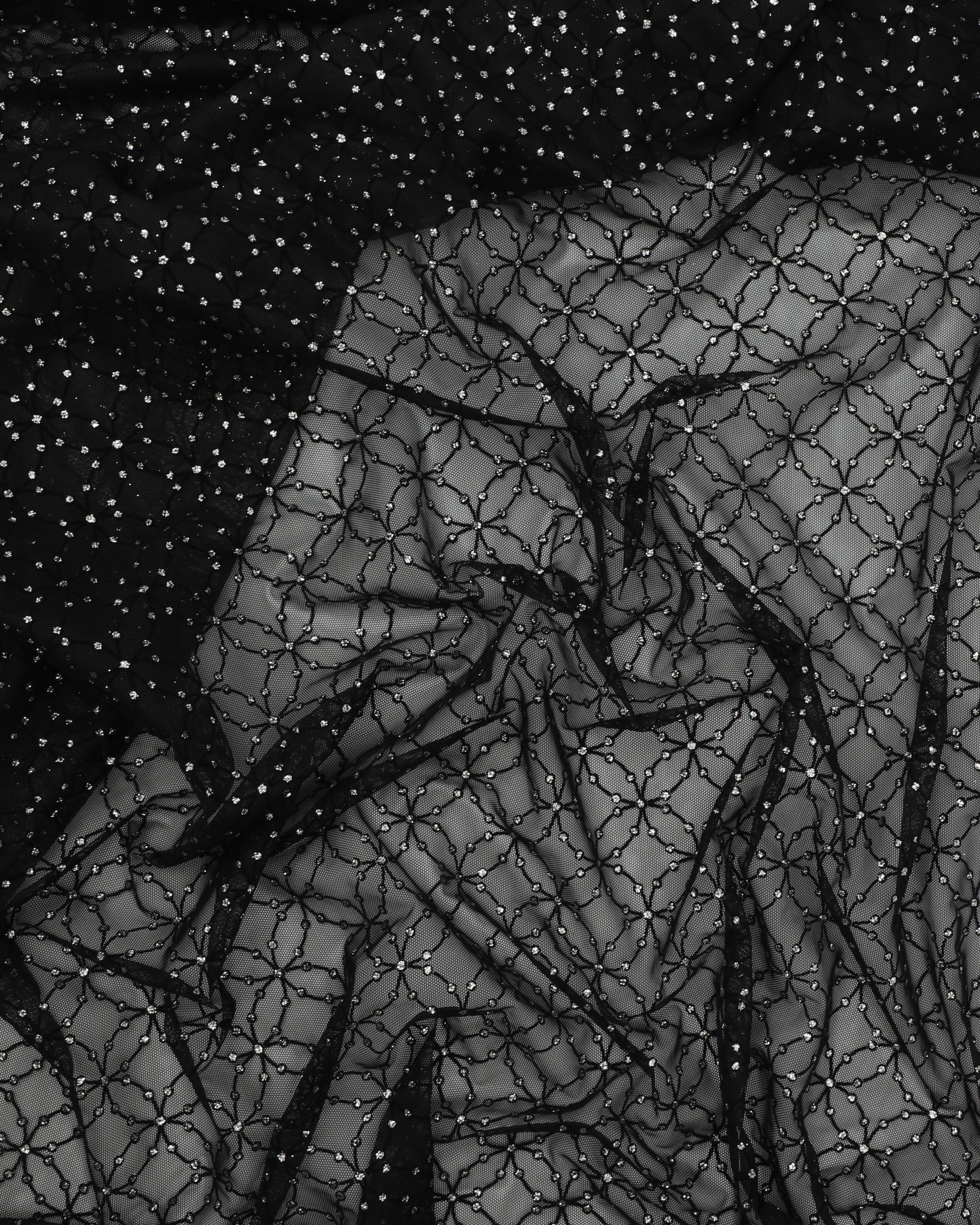 Sort tyl med sort mønster og sølv - Polyester 5 Sort tyl med sort mønster og sølv - Polyester - Billede 3