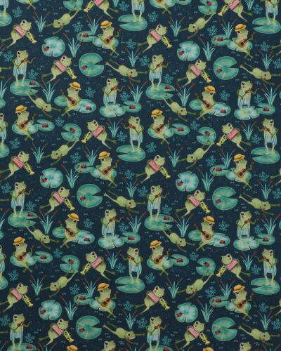 Lake night serenade, frøer på blå bund - Patchwork