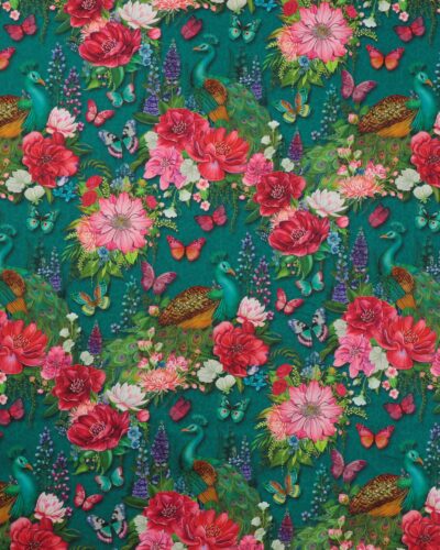 Wild Garden, påfugle og blomster på grøn - Patchwork