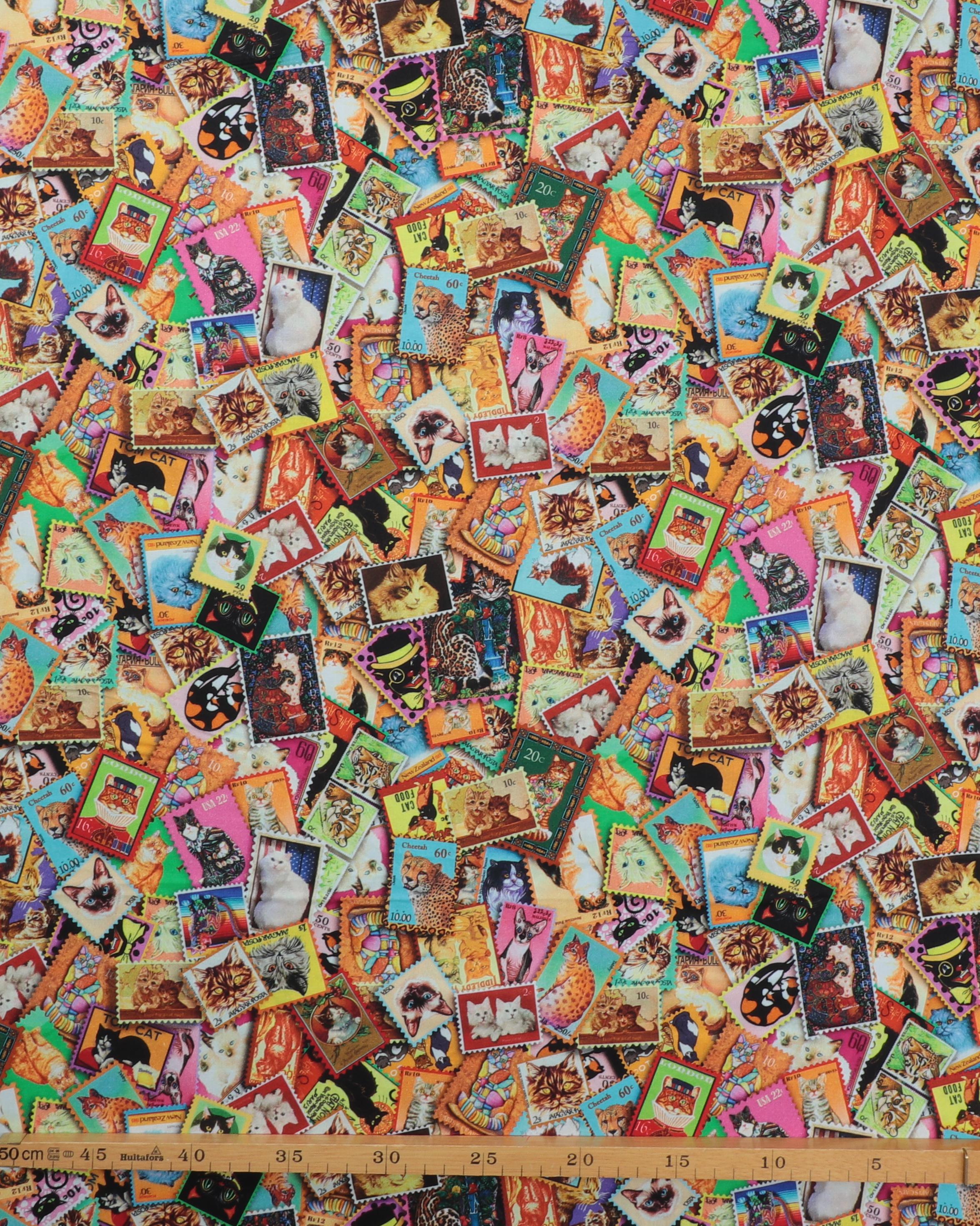 Frimærker med katte - Patchwork - 100% Bomuld