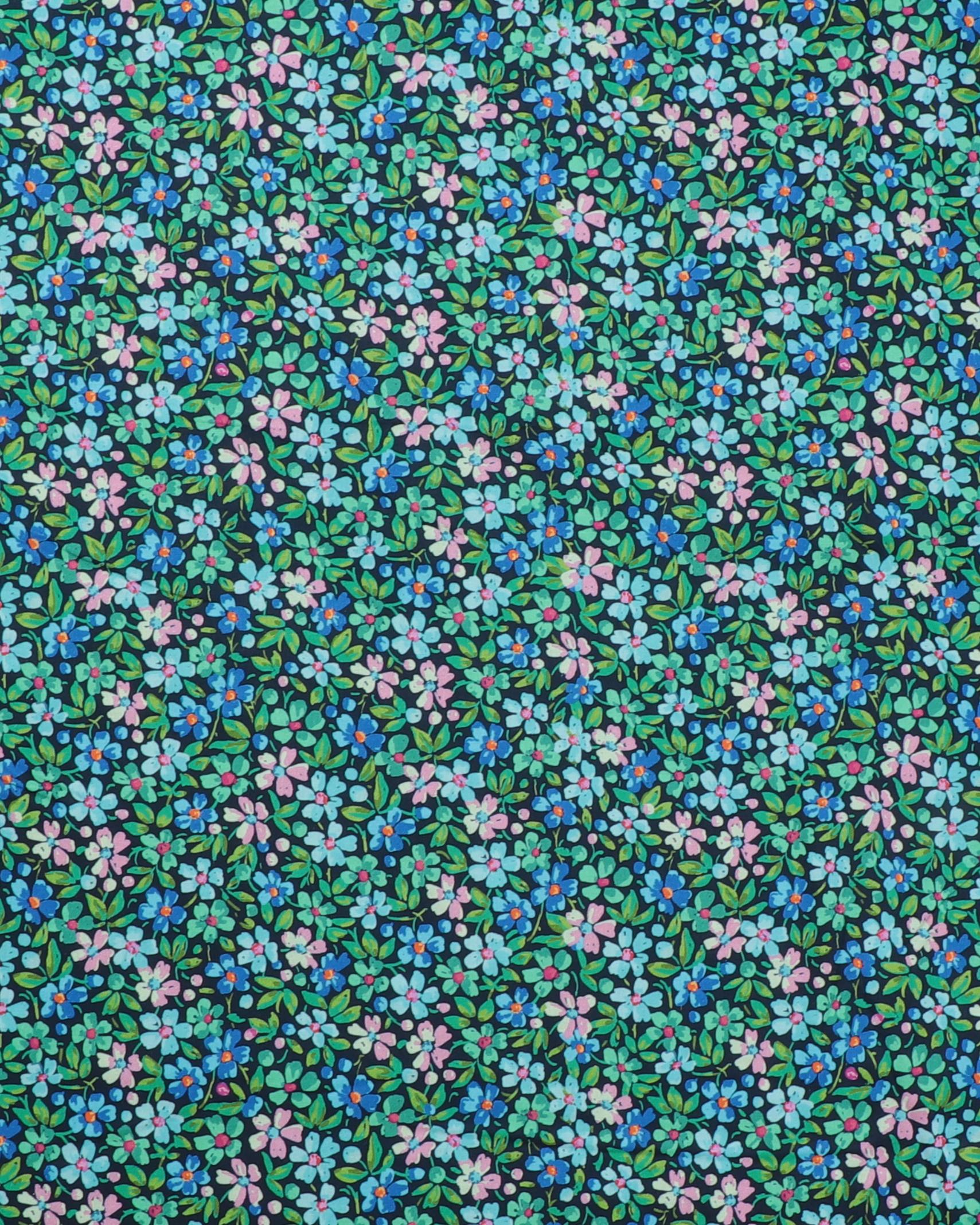 Rosa, blå, grønne blomster på sort - Patchwork - 100% Bomuld