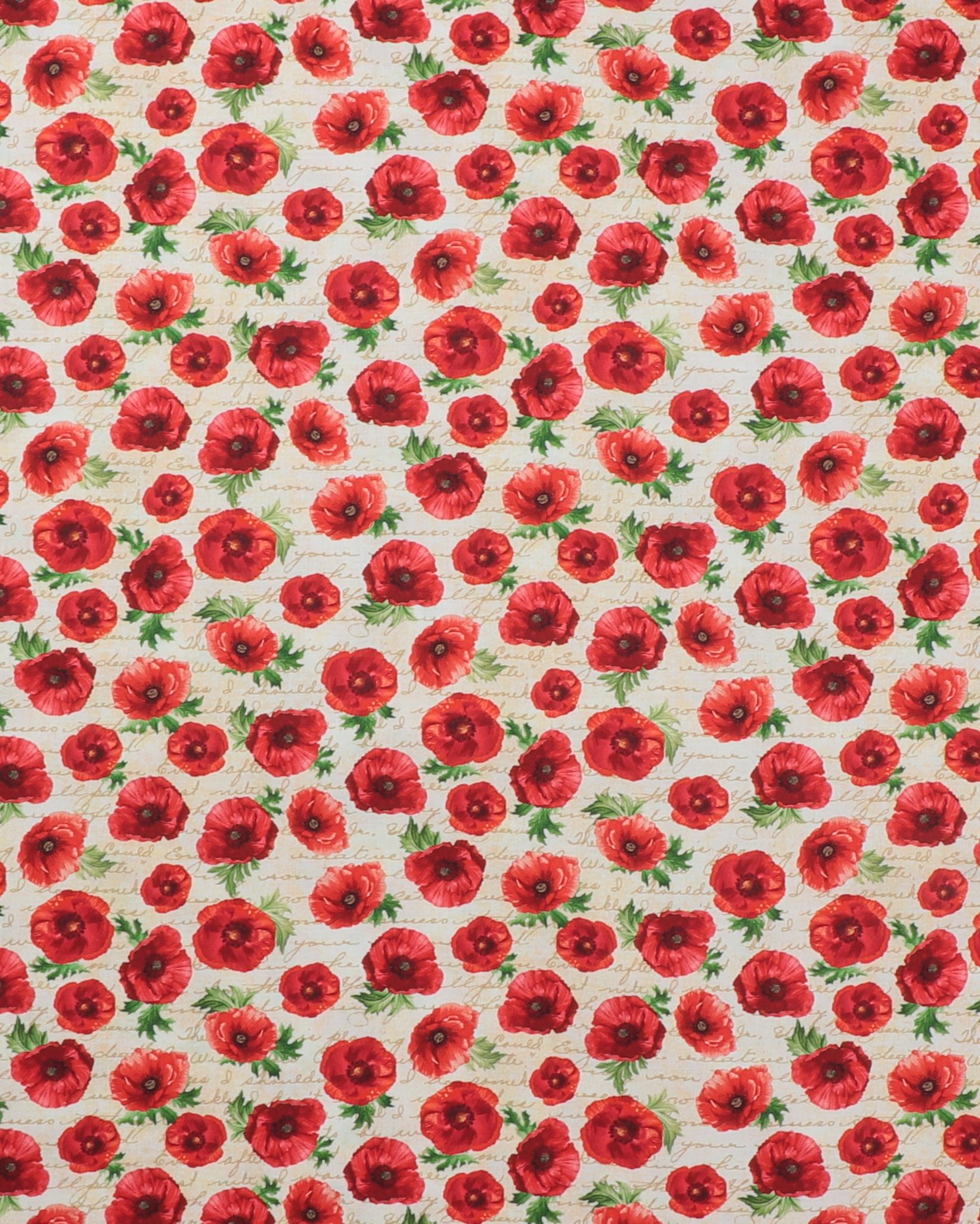 Valmuer og skrift på offwhite - Patchwork - 100% Bomuld