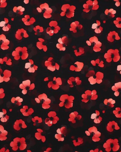 Røde blomster på sort bund - Jersey, bomuld/modal