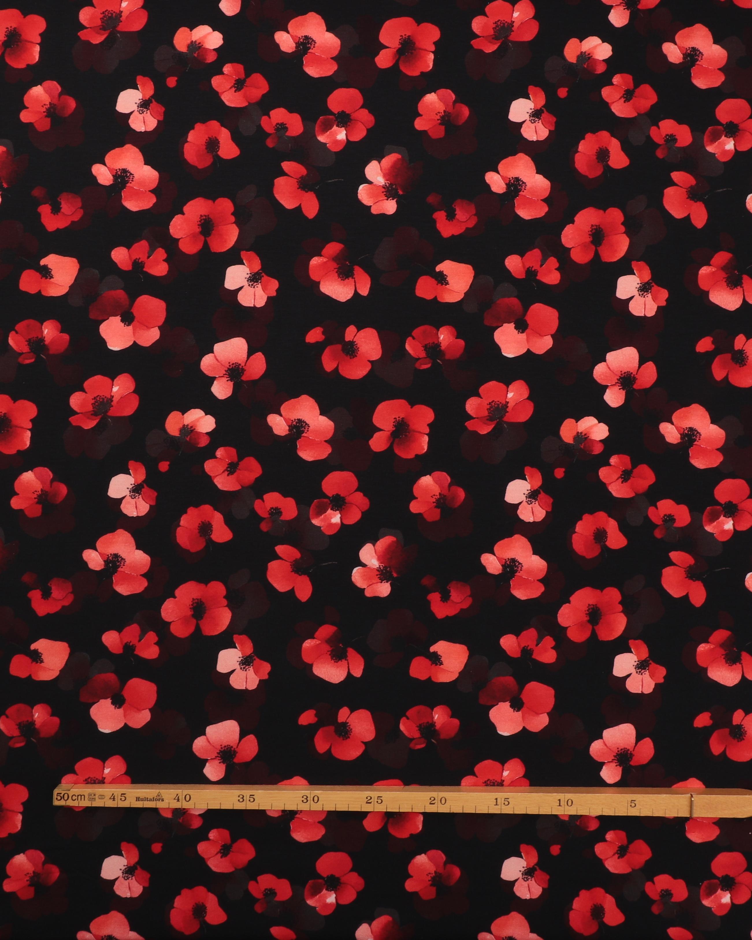 Røde blomster på sort bund - Jersey, bomuld/modal 4 Røde blomster på sort bund - Jersey, bomuld/modal - Billede 2