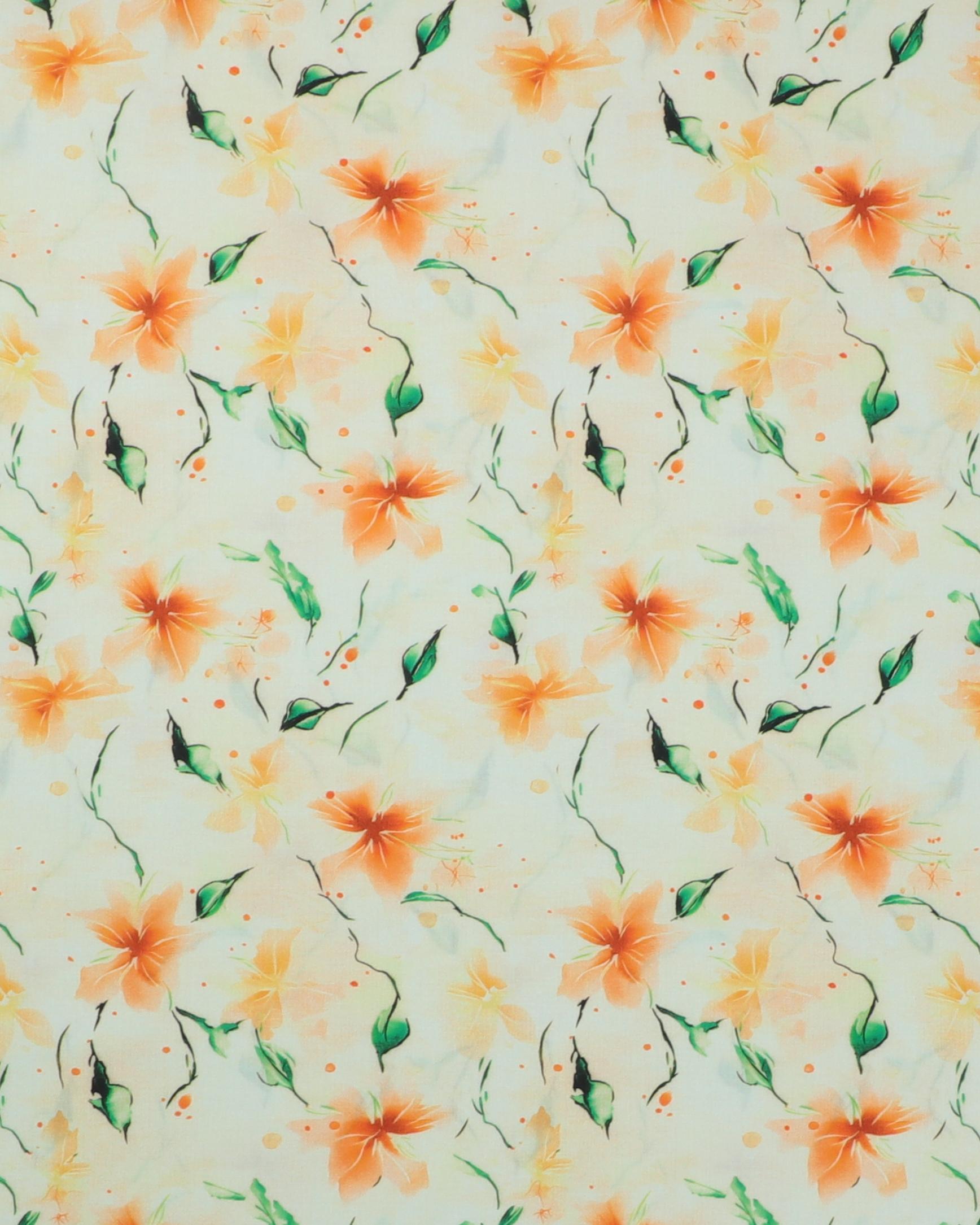 Lysegul md orange blomster - Bomuld m. stræk - 3% Elastan, 97% Bomuld