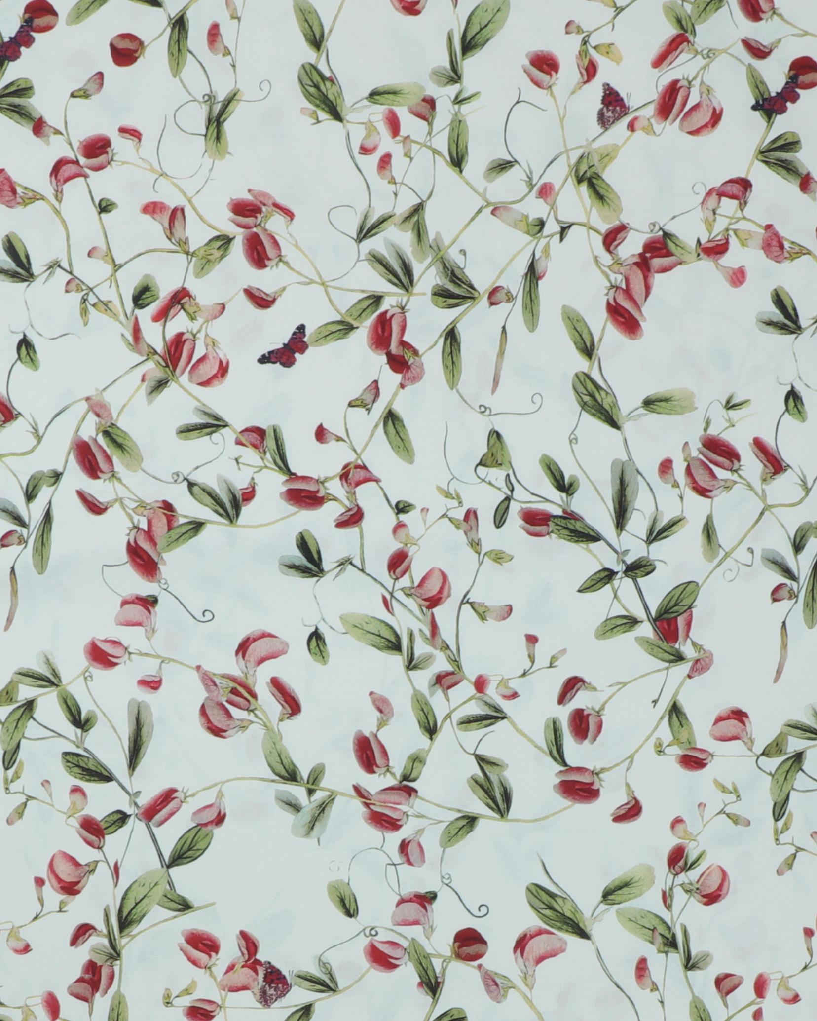 Hvid med røde blomster og grønt - Bomuld m. stræk - 3% Elastan, 97% Bomuld