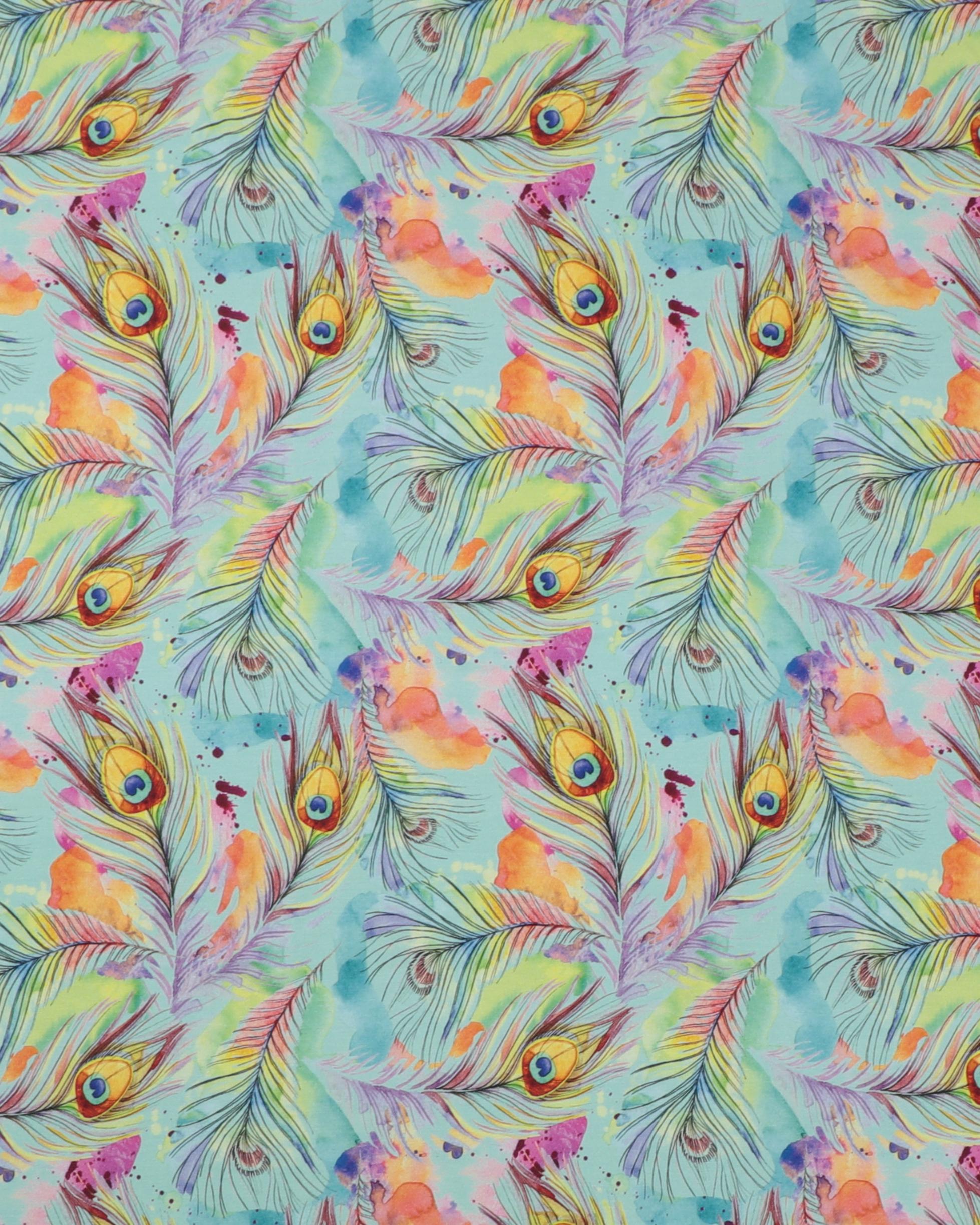 Påfuglefjer på lys mint - Bambus jersey - 95% Bambus, 5% Elastan