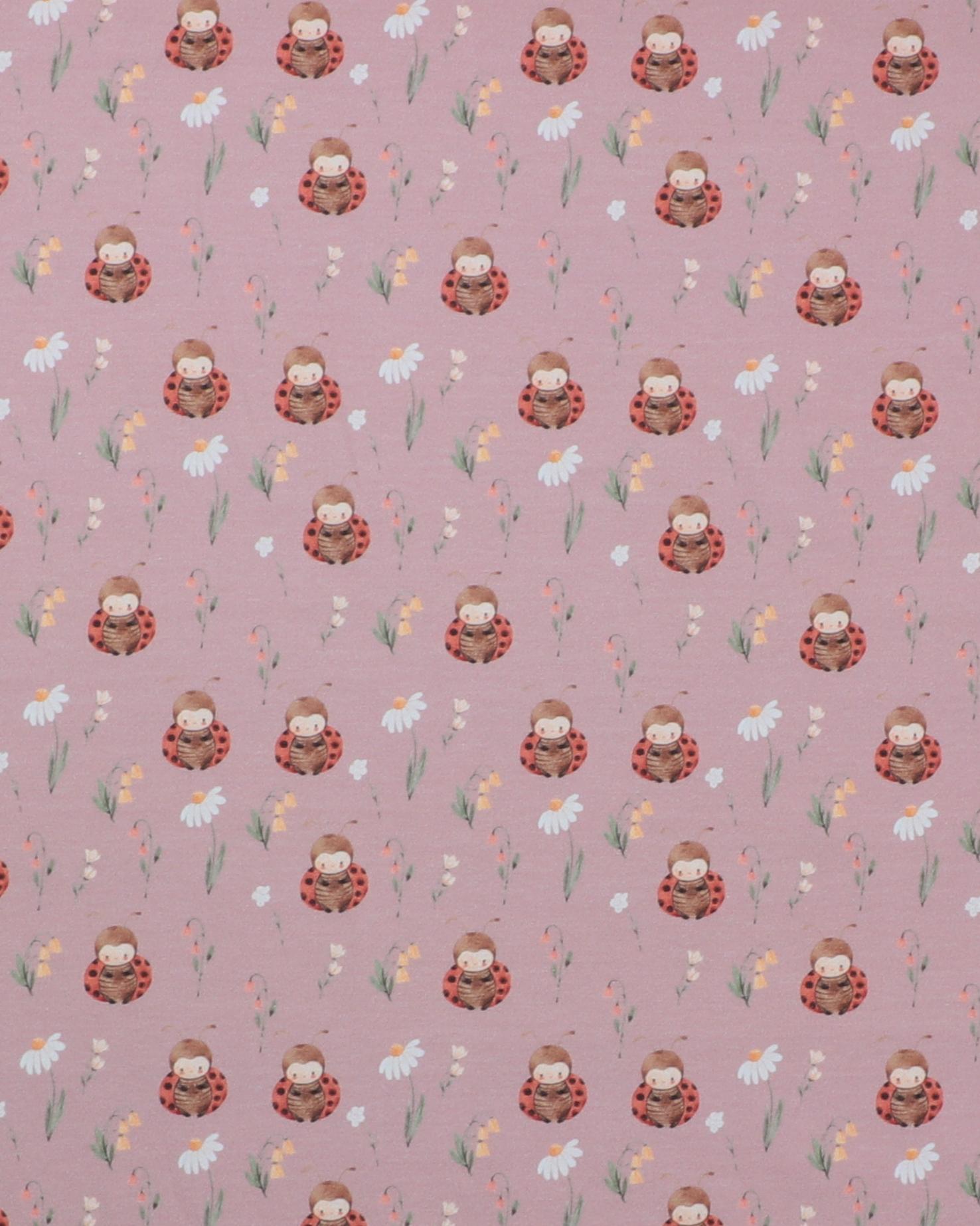 Mariehøne og blomster på gammelrosa - Jersey - 95% Bomuld, 5% Elastan