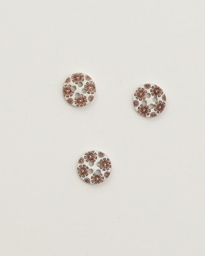 4-huls, hvid med brune blomster - ca.10 mm træknap