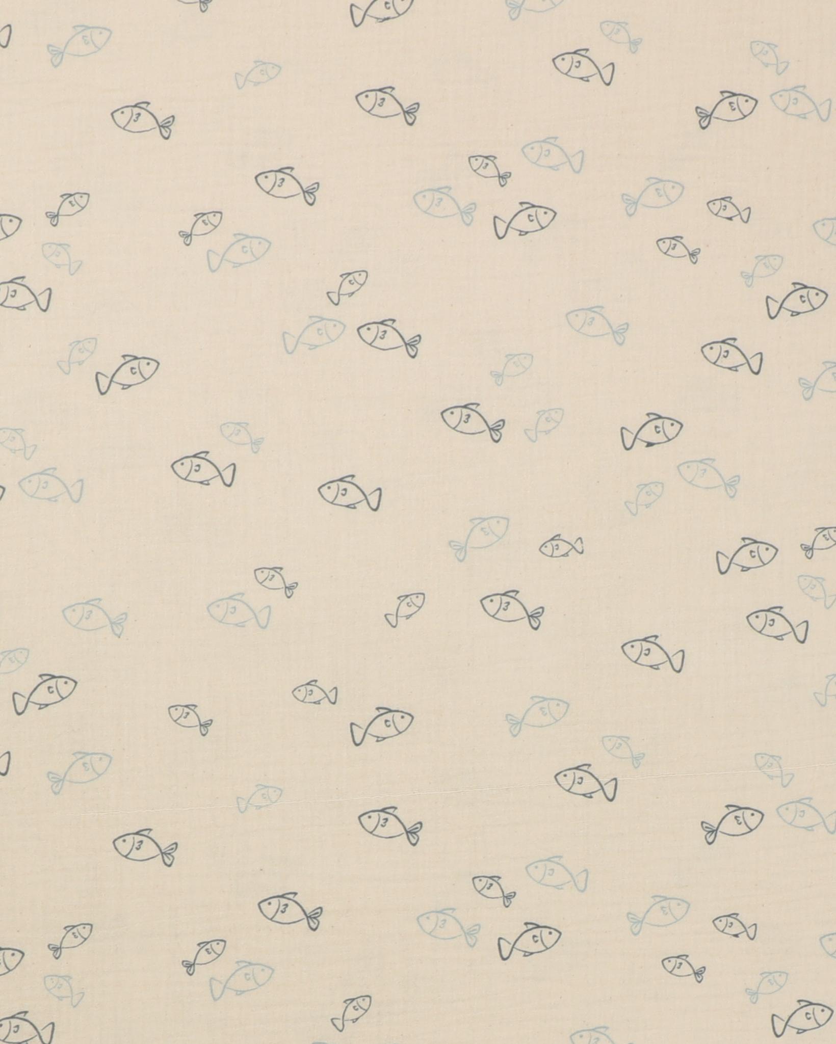 Blå fisk på cremefarvet bund - Double Gauze/musselin stof - 100% Bomuld