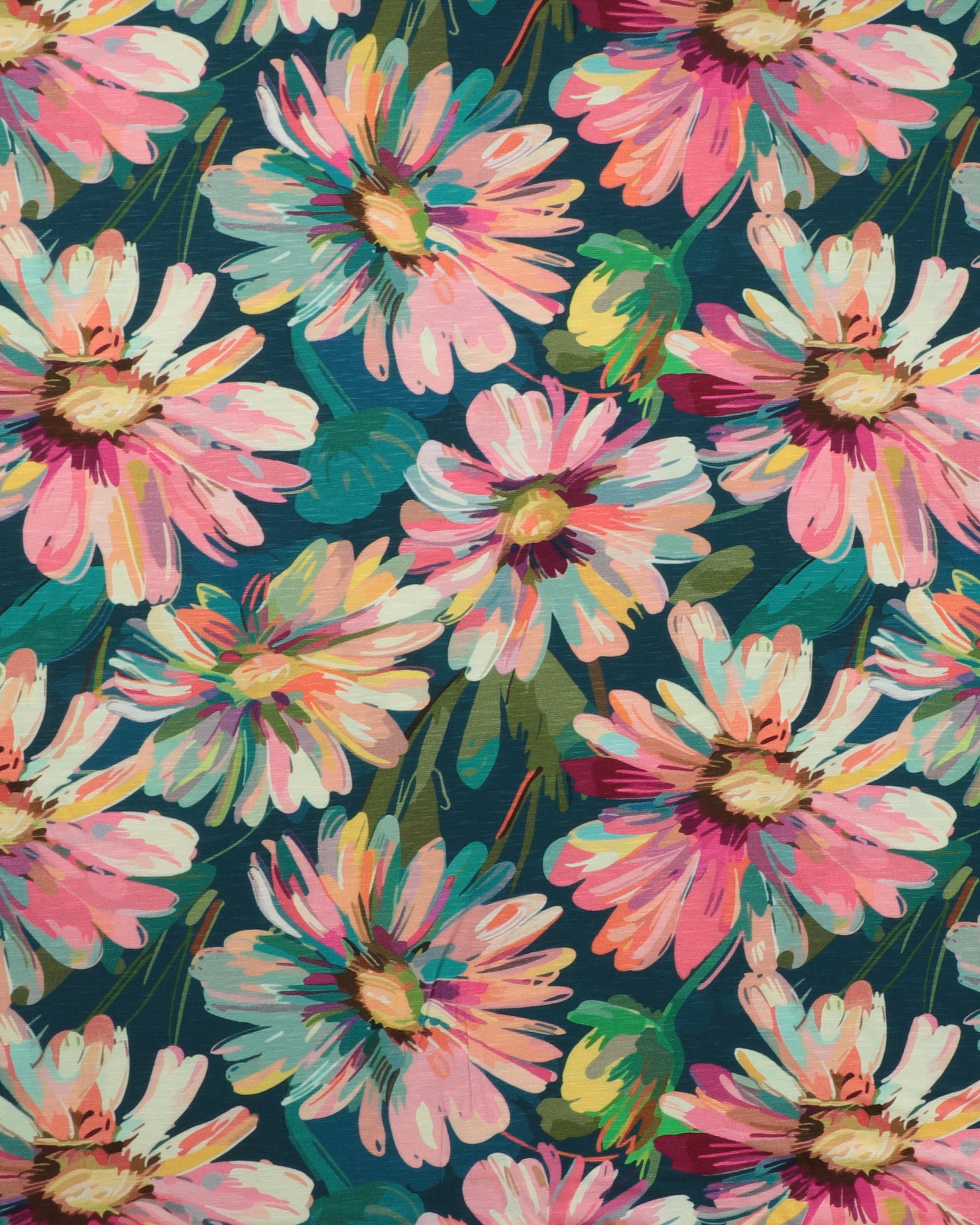 Store blomster på mørk petrol bund- Viskose jersey - 4% Elastan, 96% Viskose