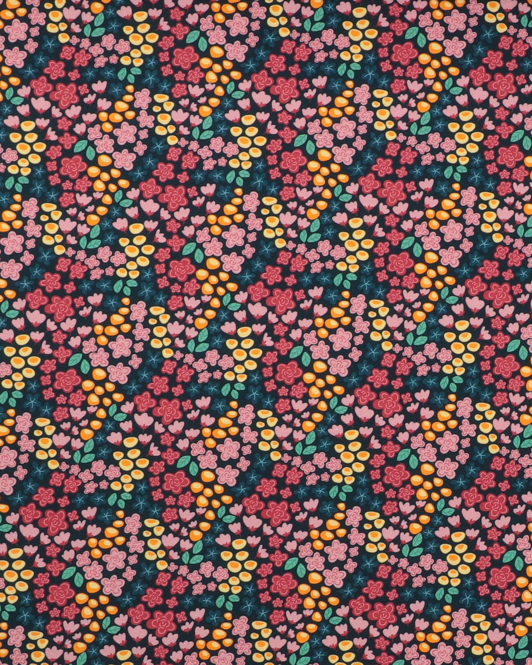 Små blomster på mørk petrolfarvet bund - Jersey - 95% Bomuld, 5% Elastan