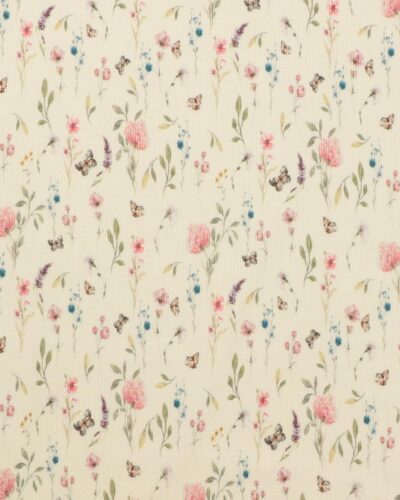 Cremefarvet med sommerfugle og blomster - Rib-jersey