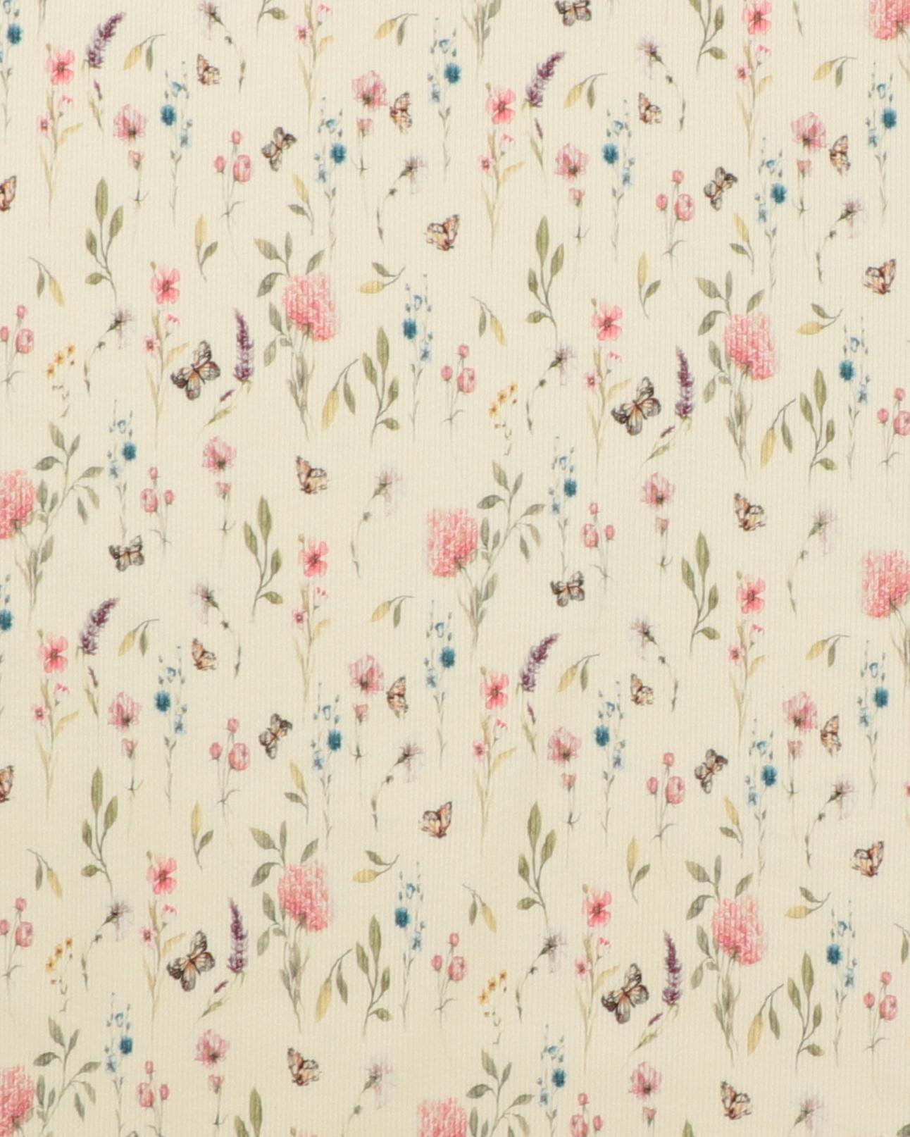Cremefarvet med sommerfugle og blomster - Rib-jersey - 100% Bomuld