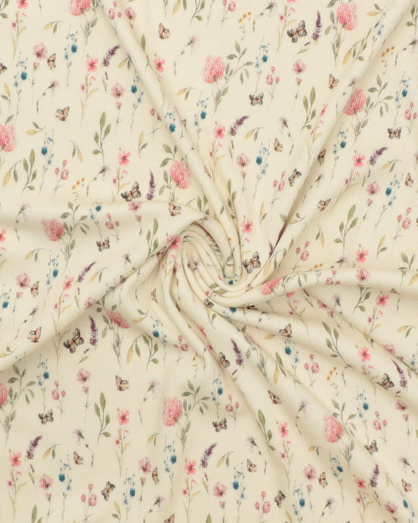 Cremefarvet med sommerfugle og blomster - Rib-jersey 5 Cremefarvet med sommerfugle og blomster - Rib-jersey - Billede 3