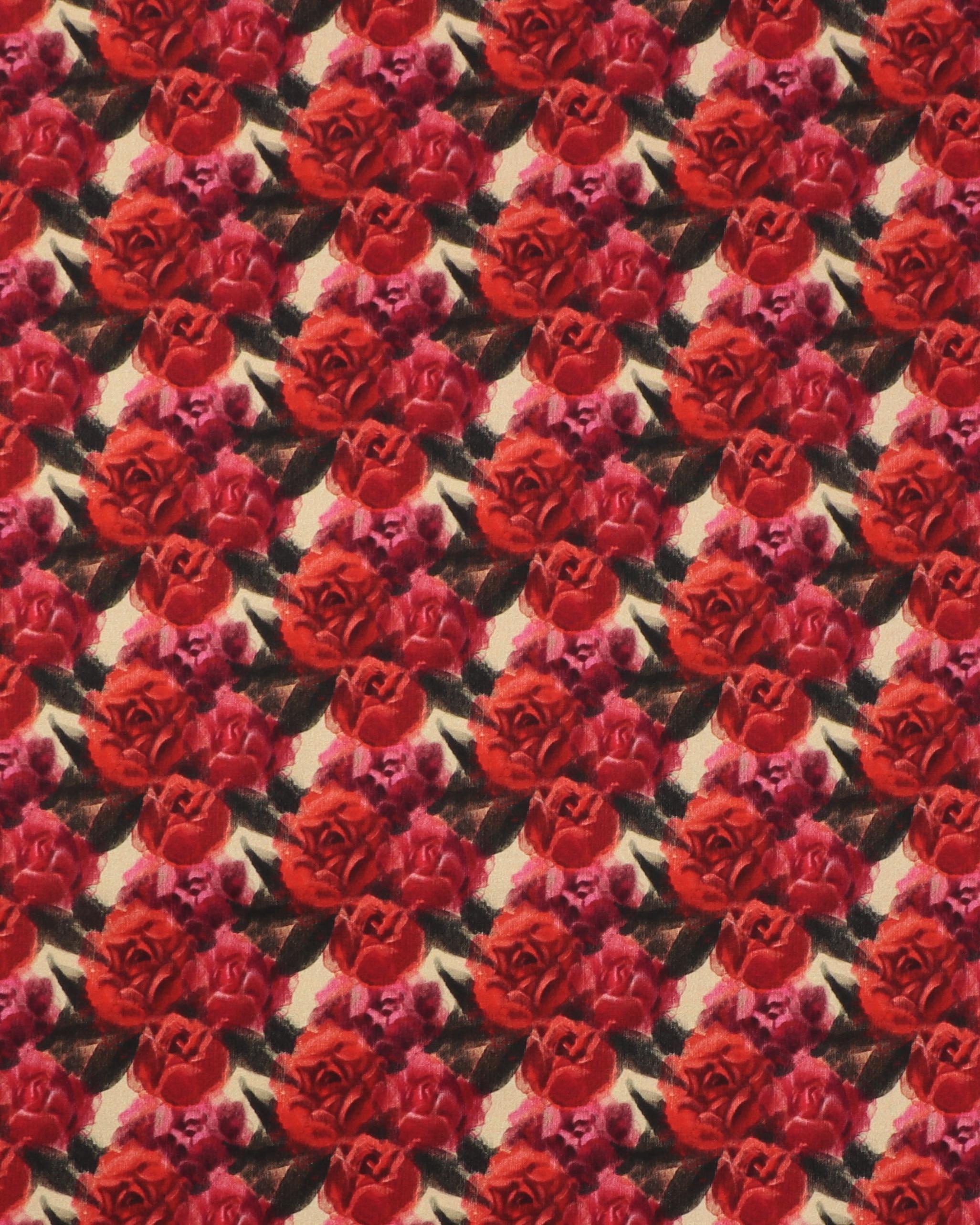Roser i støvet mørkerød, rød og cerise - Jersey - 95% Bomuld, 5% Elastan
