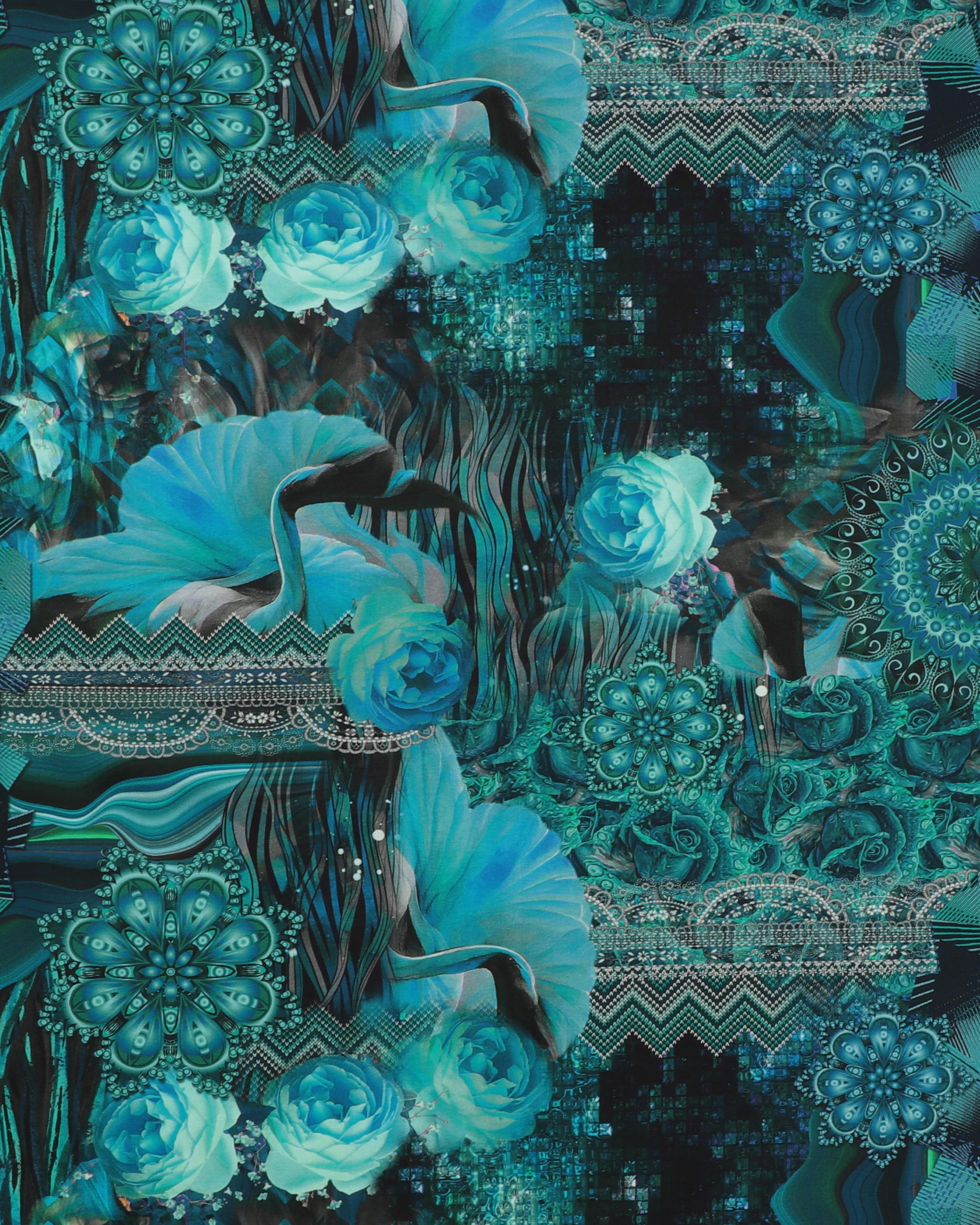 Mønster og roser i blågrønne/turkise farver - Jersey - 95% Bomuld, 5% Elastan