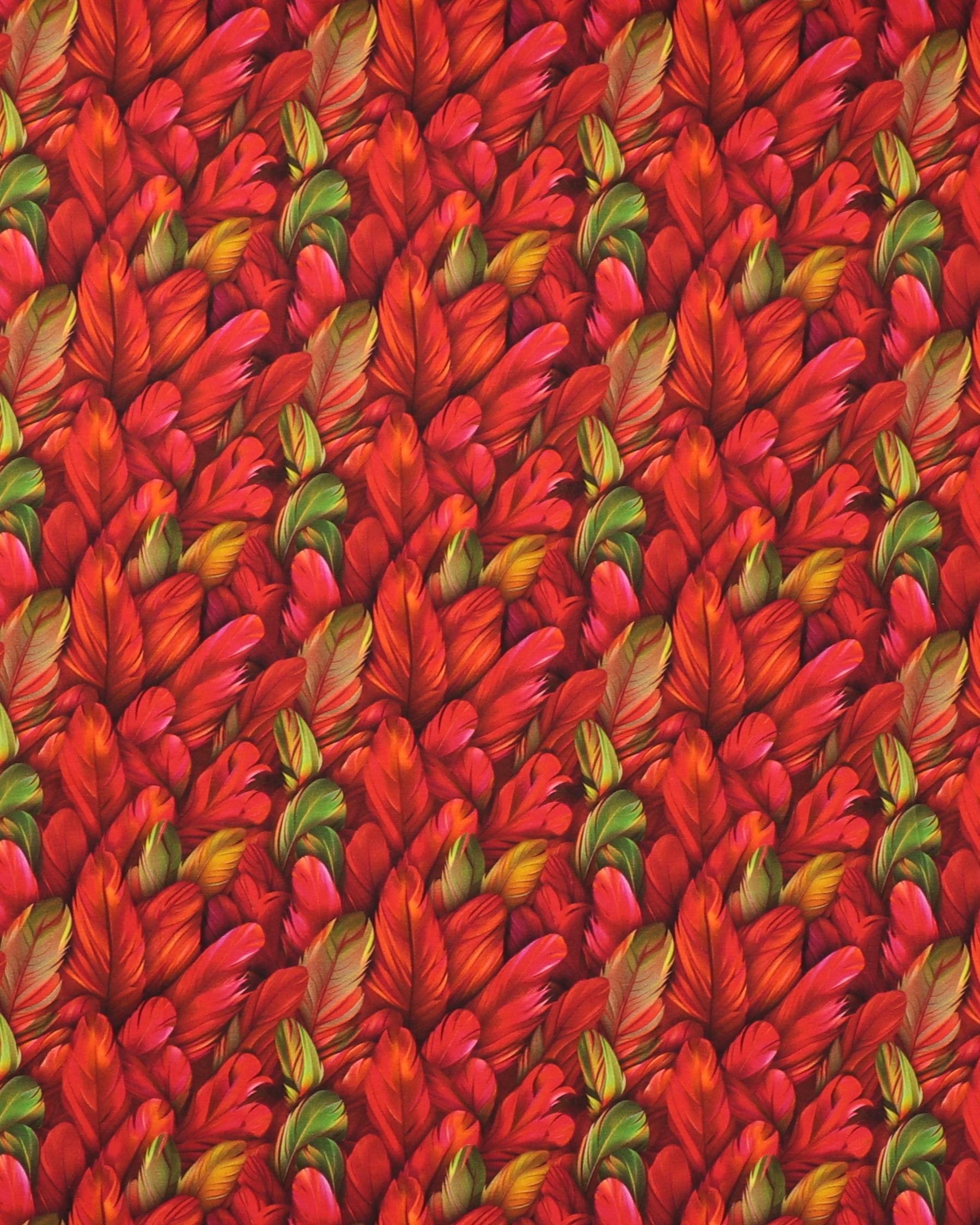 Fjer i grønne og røde farver - Jersey - 95% Bomuld, 5% Elastan