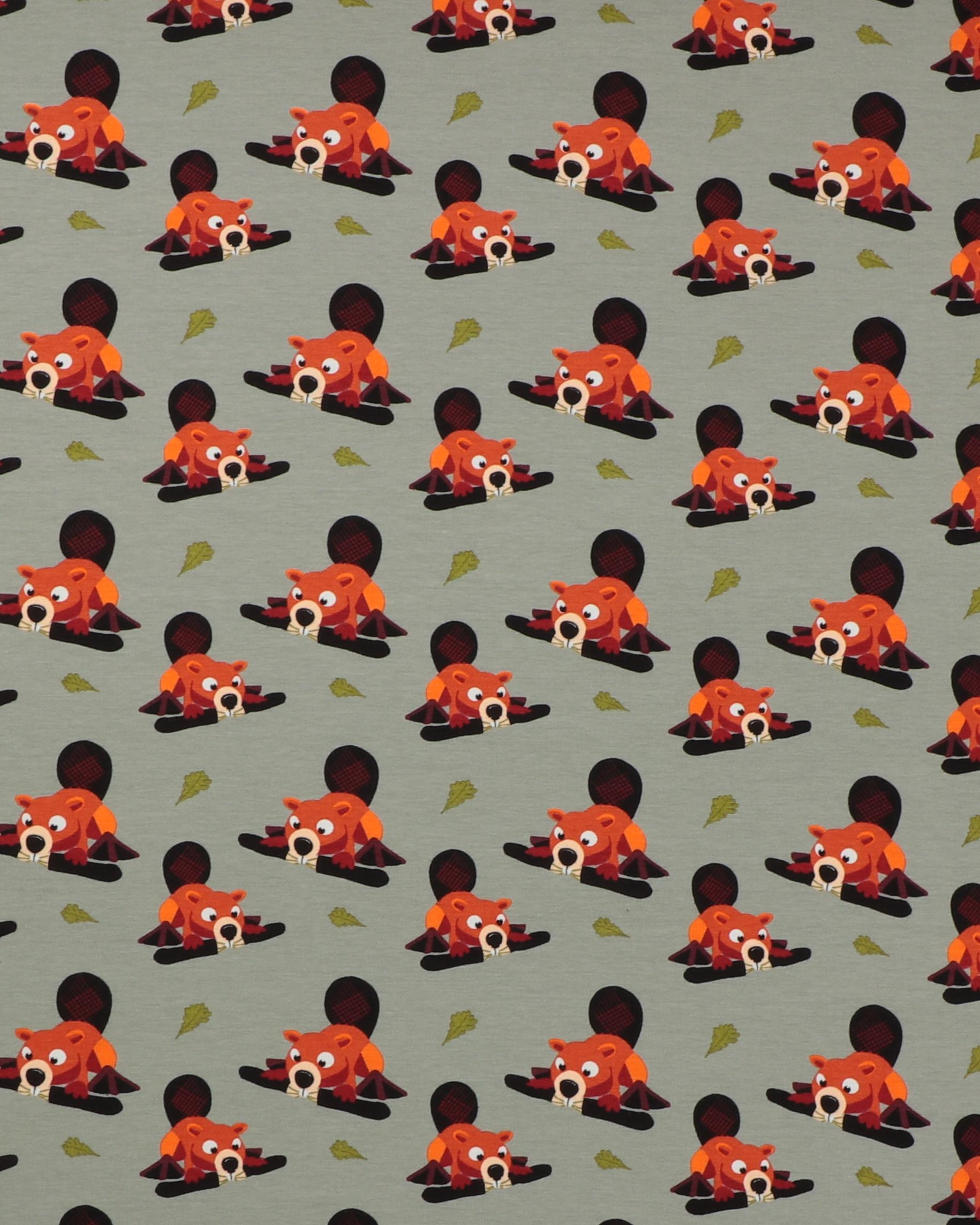 Grå med orangeørd bæver - Jersey - 95% Bomuld, 5% Elastan