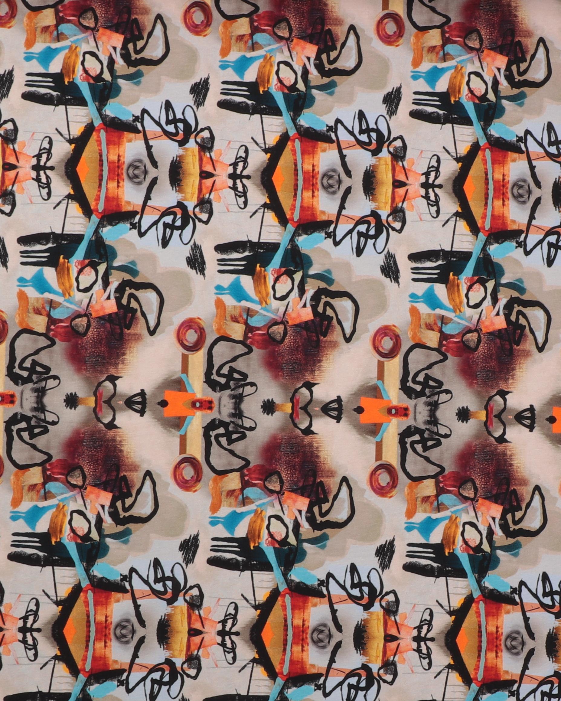 Orange, sort, blåt på gråbrun - Jersey - 95% Bomuld, 5% Elastan