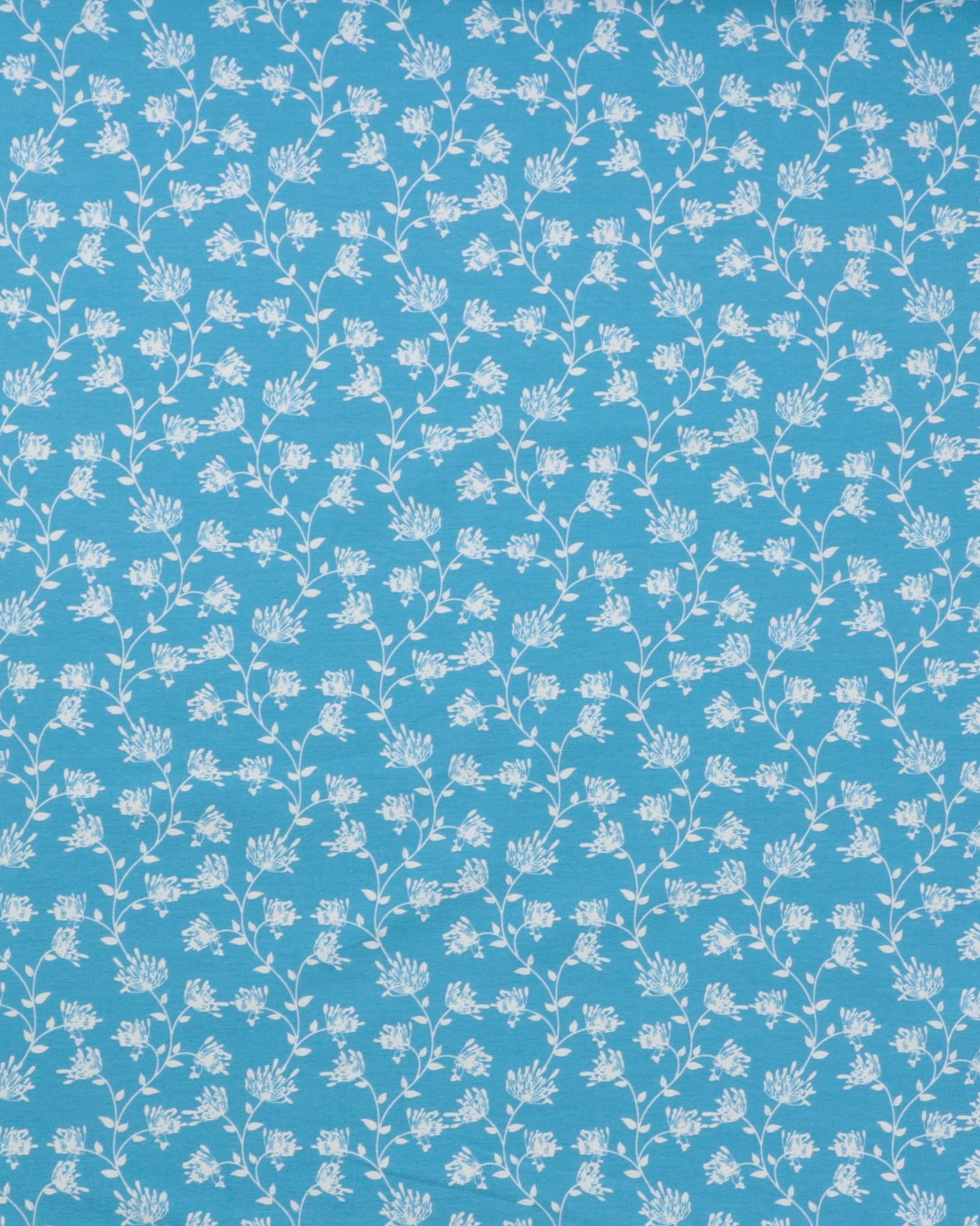 Blå med hvide blomster - Jersey - 95% Bomuld, 5% Elastan
