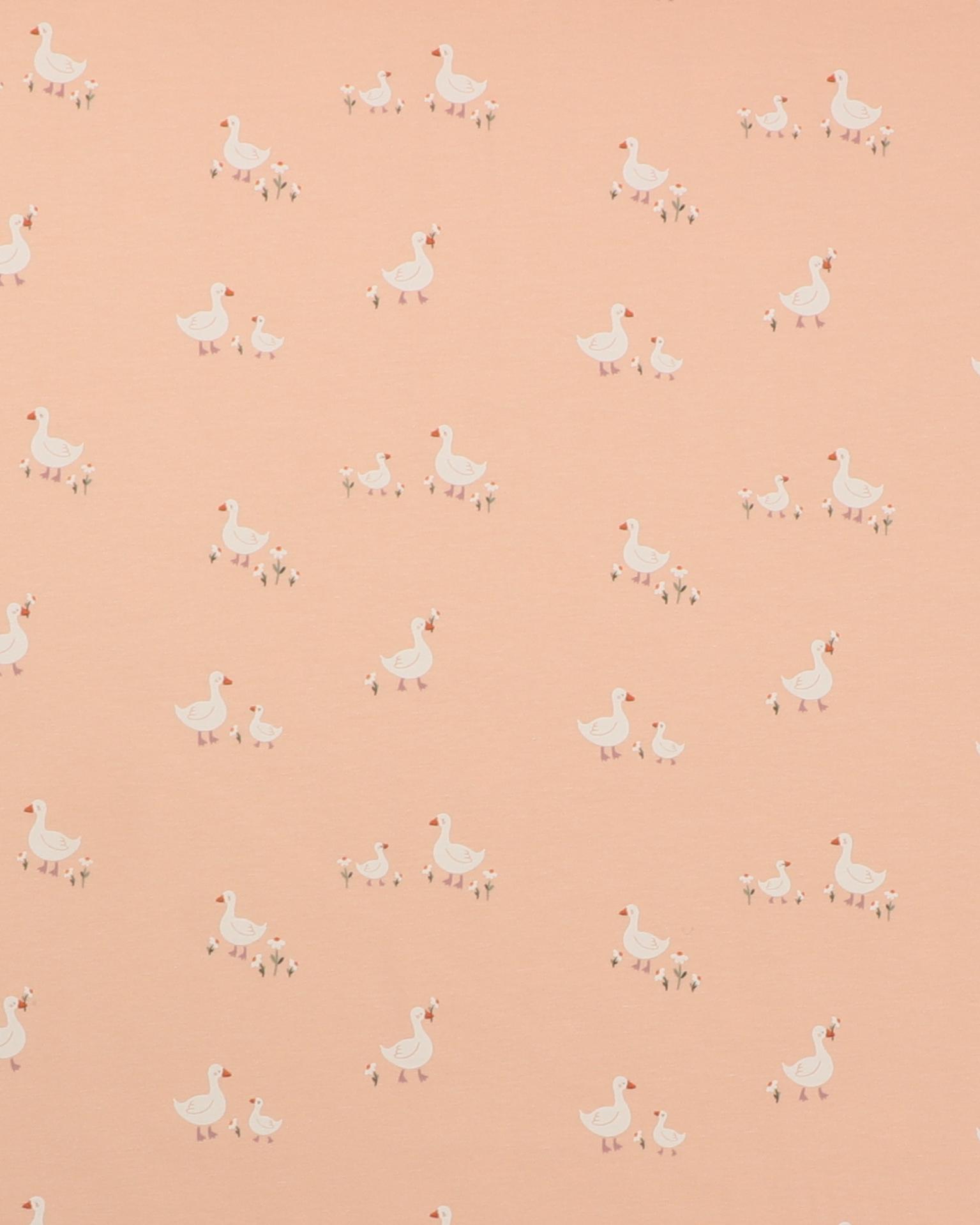 Gæs og små blomster på ferskenfarvet bund - Jersey - 95% Bomuld, 5% Elastan