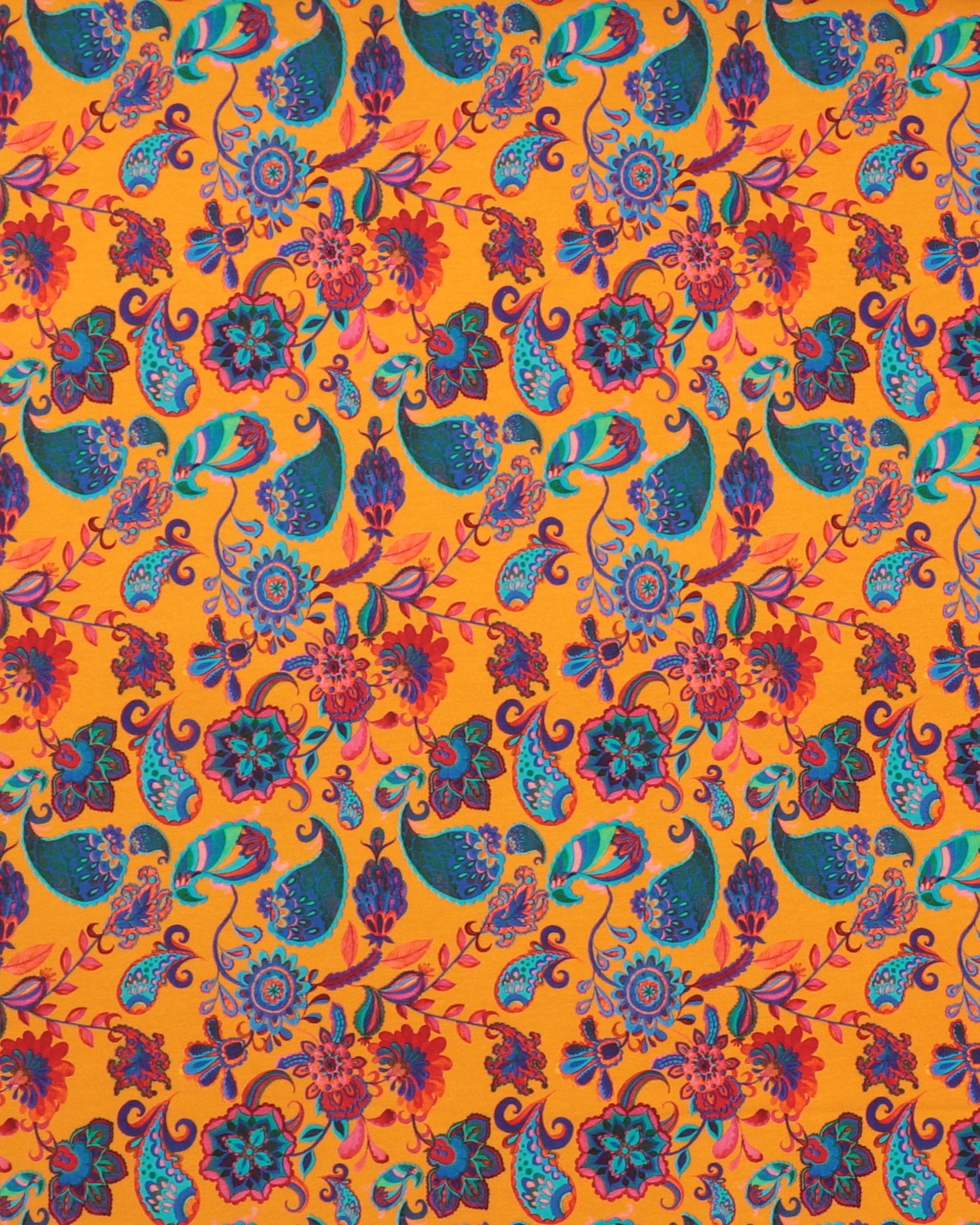 Orange med sjalsmønster i blå og røde farver - French Terry - 95% Bomuld, 5% Elastan