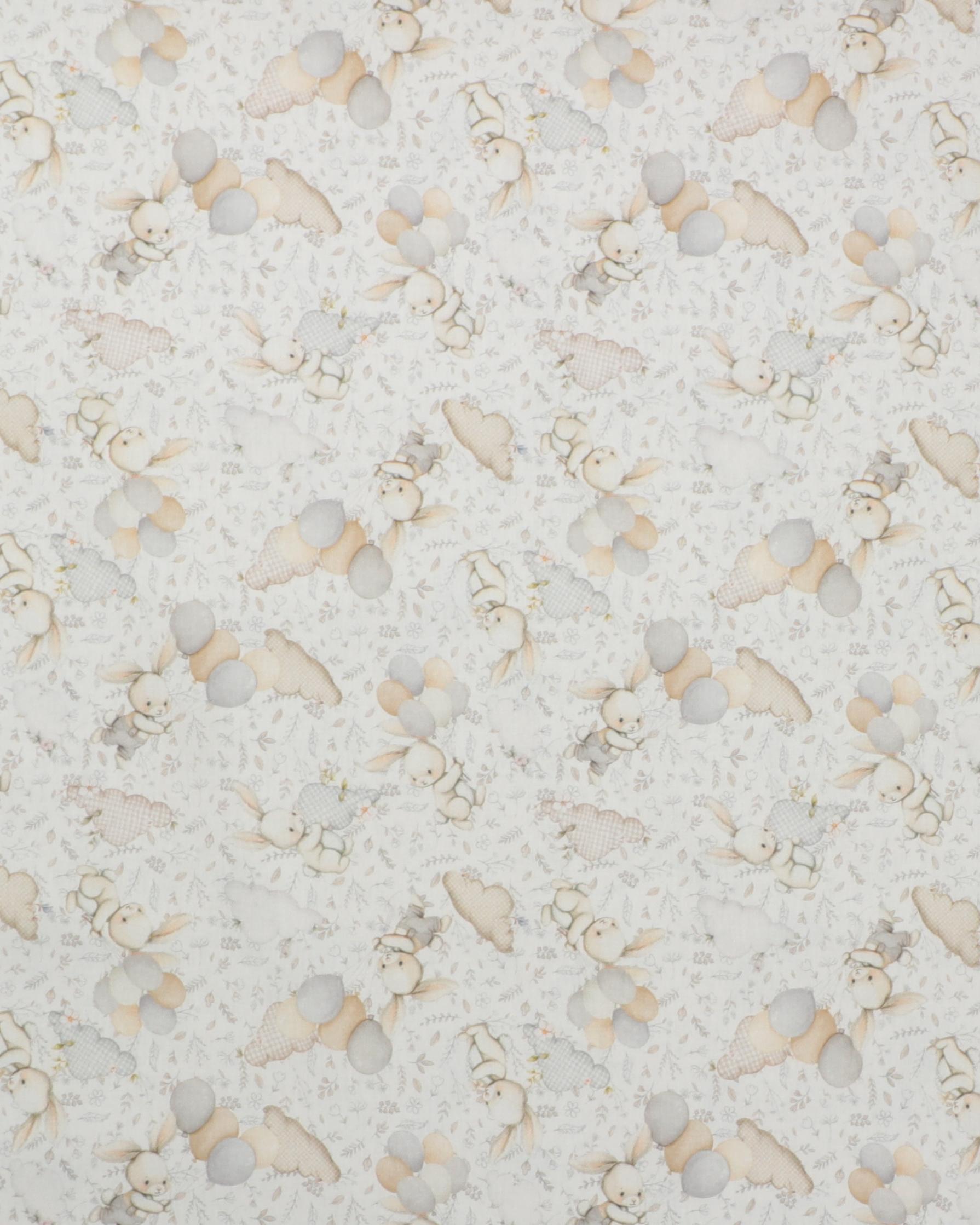 Blågrå,/brune balloner og kaniner - Bomuld - 100% Bomuld