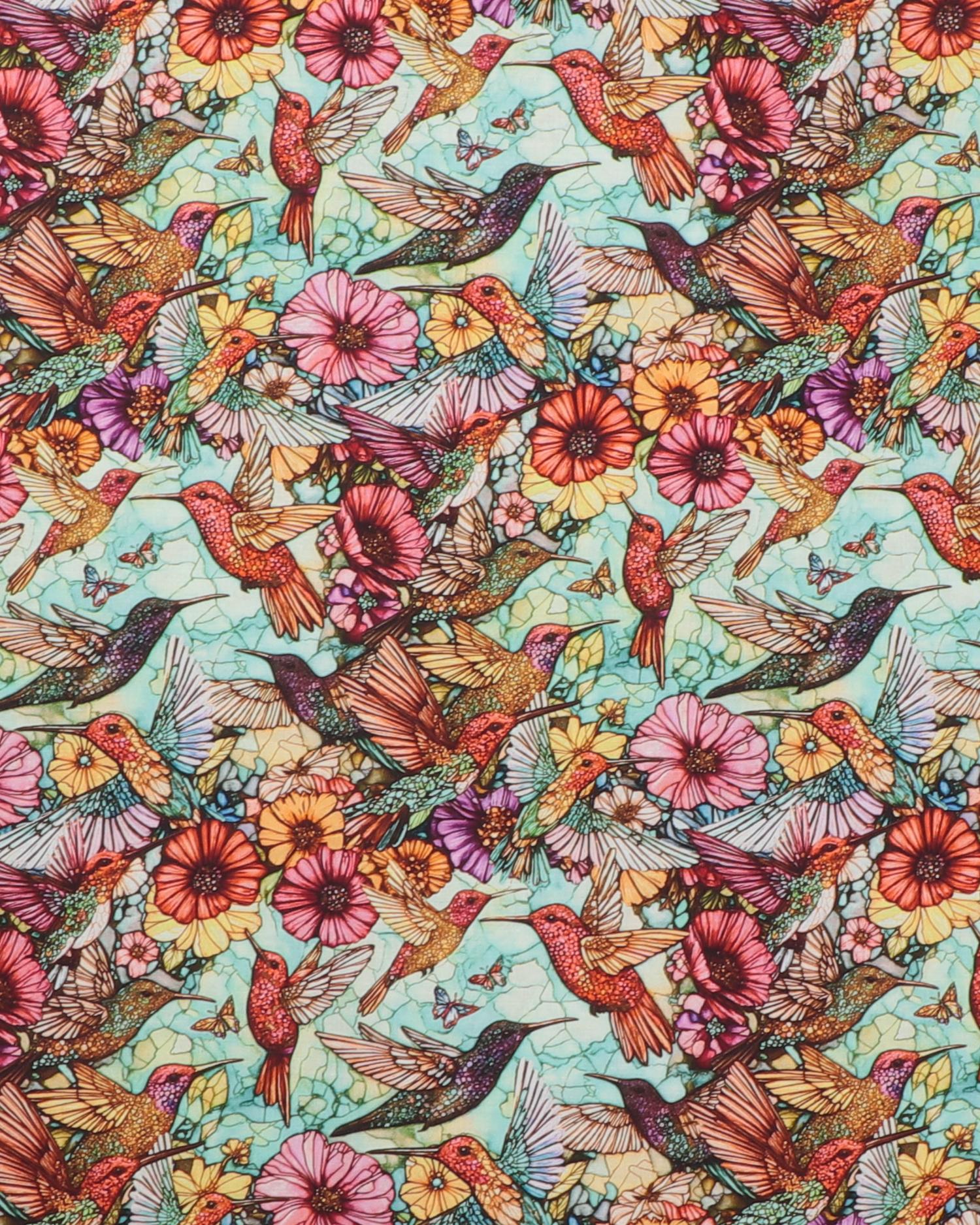 Blomster og colibrier - Patchwork - 100% Bomuld