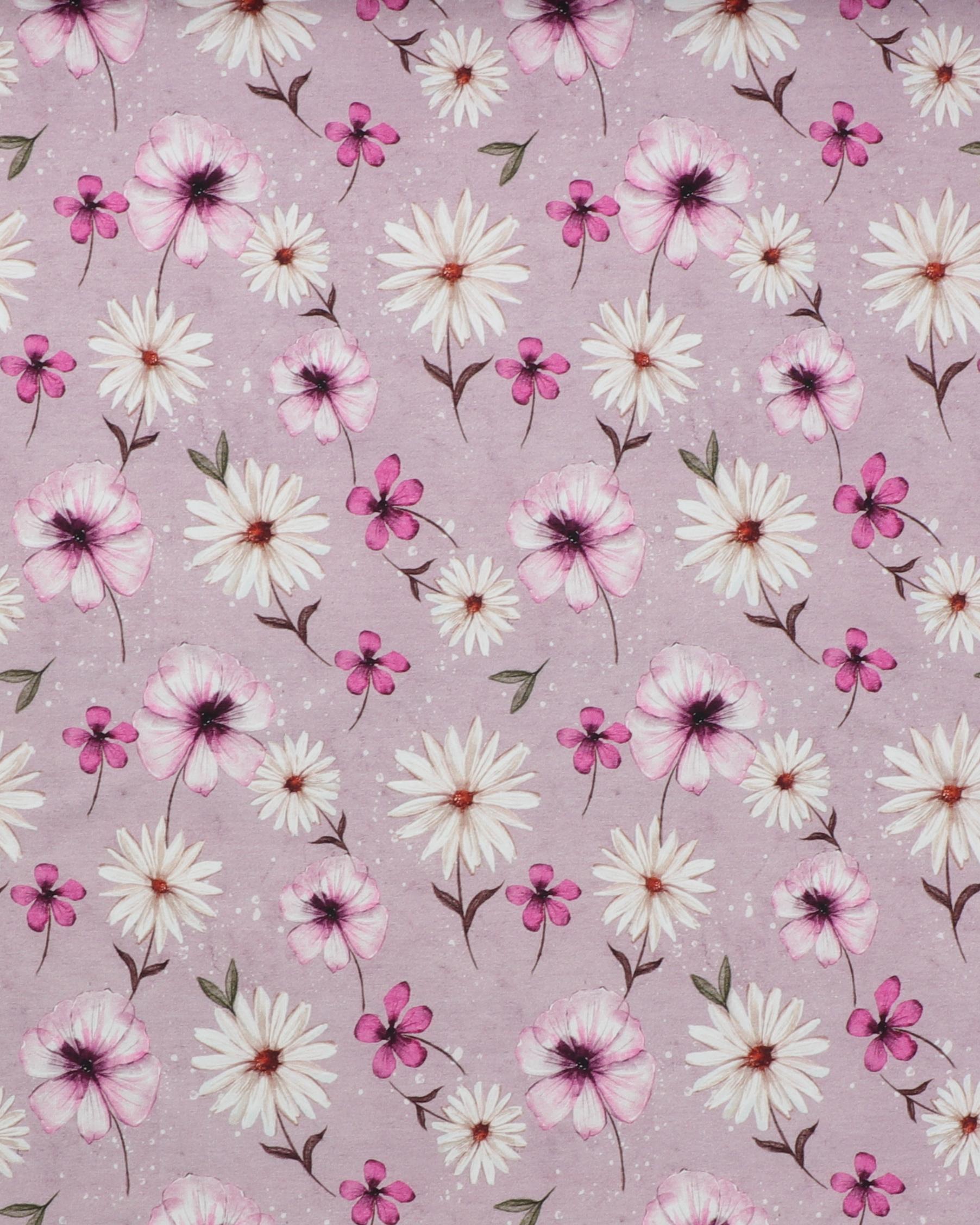 Lyselilla m. blomster - French Terry - 35% Modal, 60% Bomuld, 5% Elastan