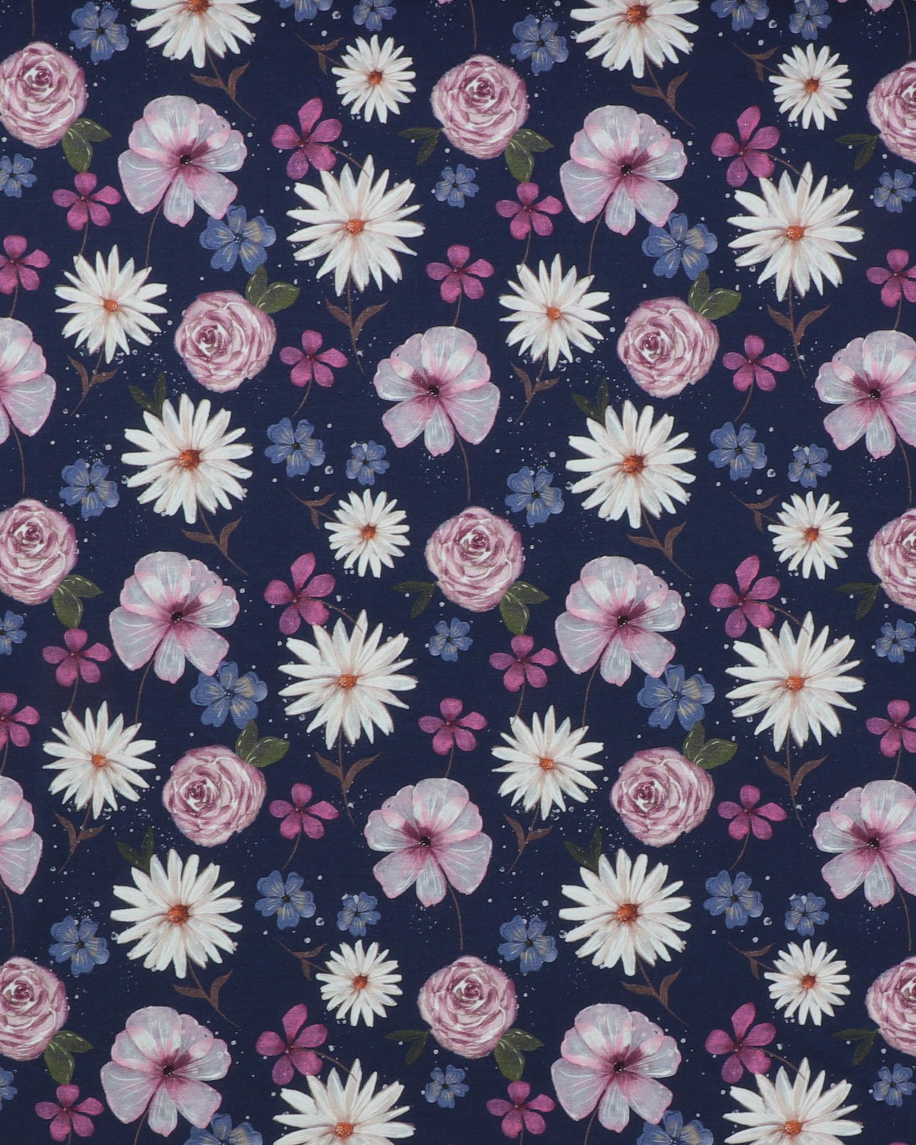 Mørkelilla med blomster - French Terry - 35% Modal, 60% Bomuld, 5% Elastan