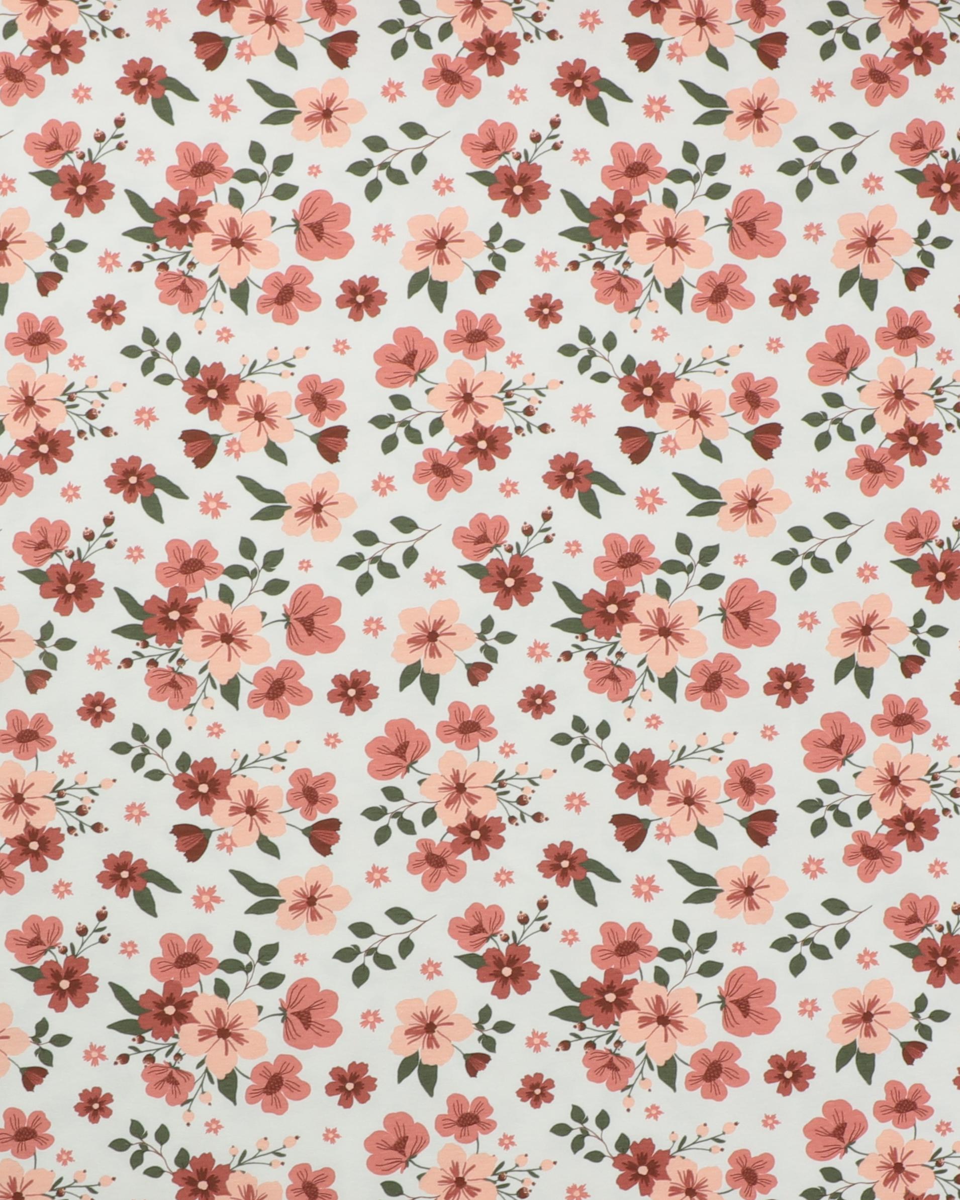 Flødefarvet m. blomster - Jersey - 95% Bomuld, 5% Elastan