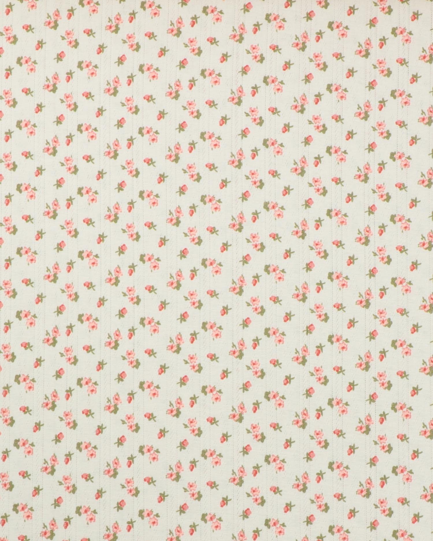 Flødefarvet m. røde/lyserøde blomster - Jersey m. hulmønster - 100% Bomuld