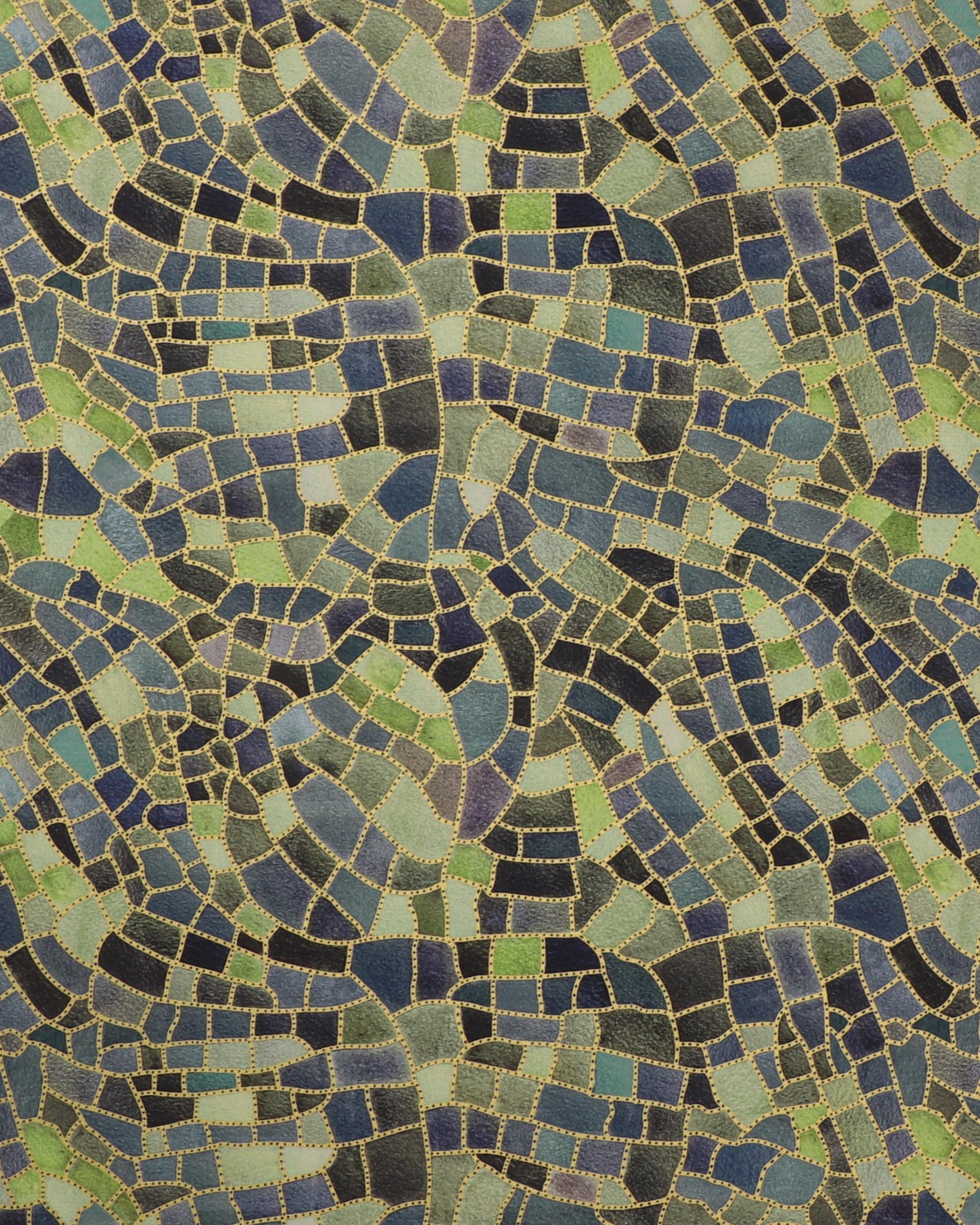 Flora & Form, mosaik i grøn og blå med lidt guld - Patchwork - 100% Bomuld