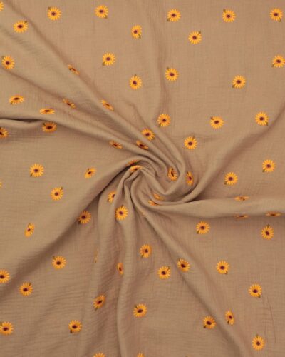 Lysebrun med broderet blomst - Double Gauze/musselin stof