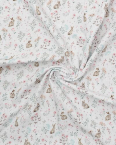 Hvid med lille kanin og blomster - Double Gauze/musselin stof