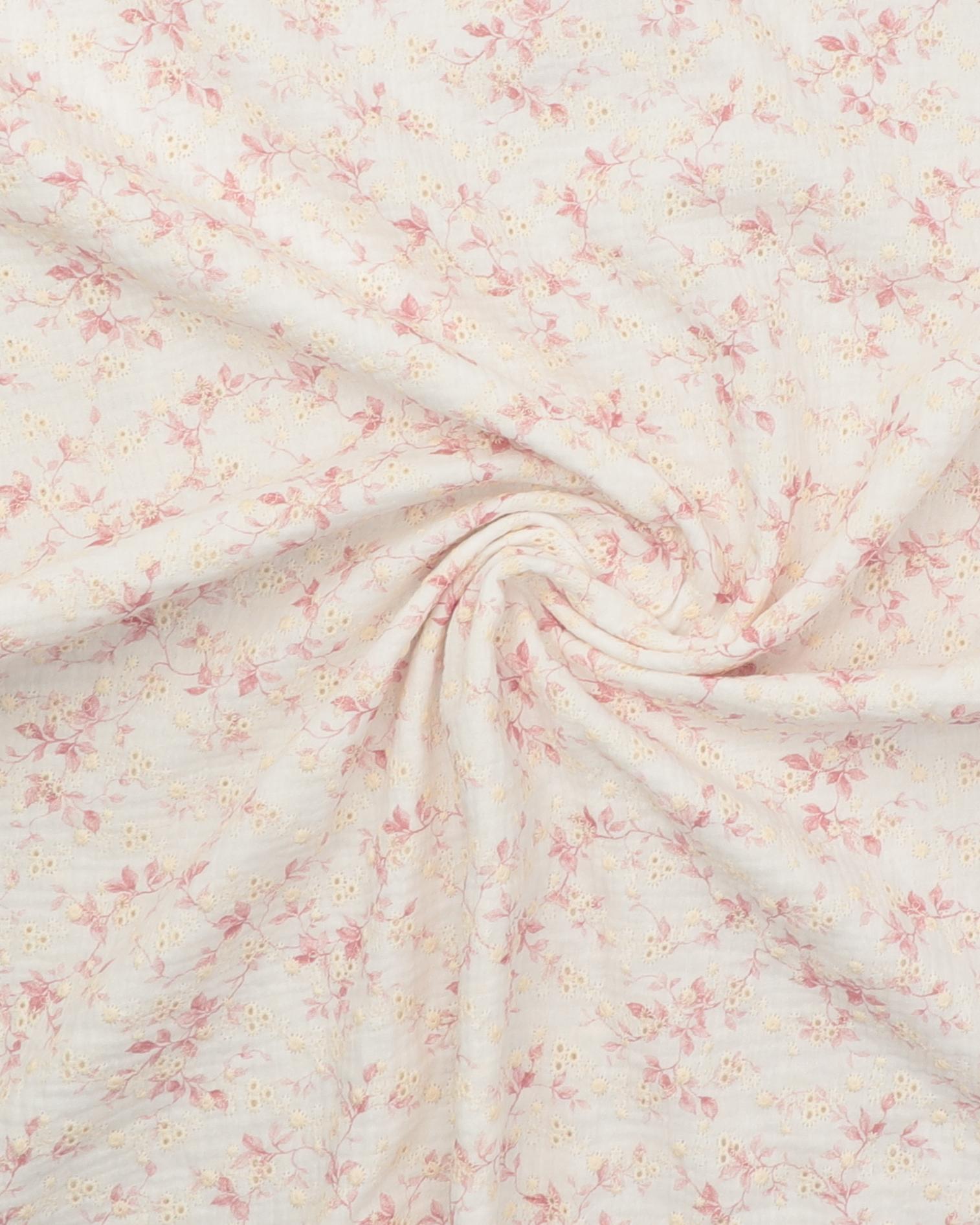 Gammelrosa blomster og broderie anglaise - Double Gauze/musselin stof 5 Gammelrosa blomster og broderie anglaise - Double Gauze/musselin stof - Billede 3