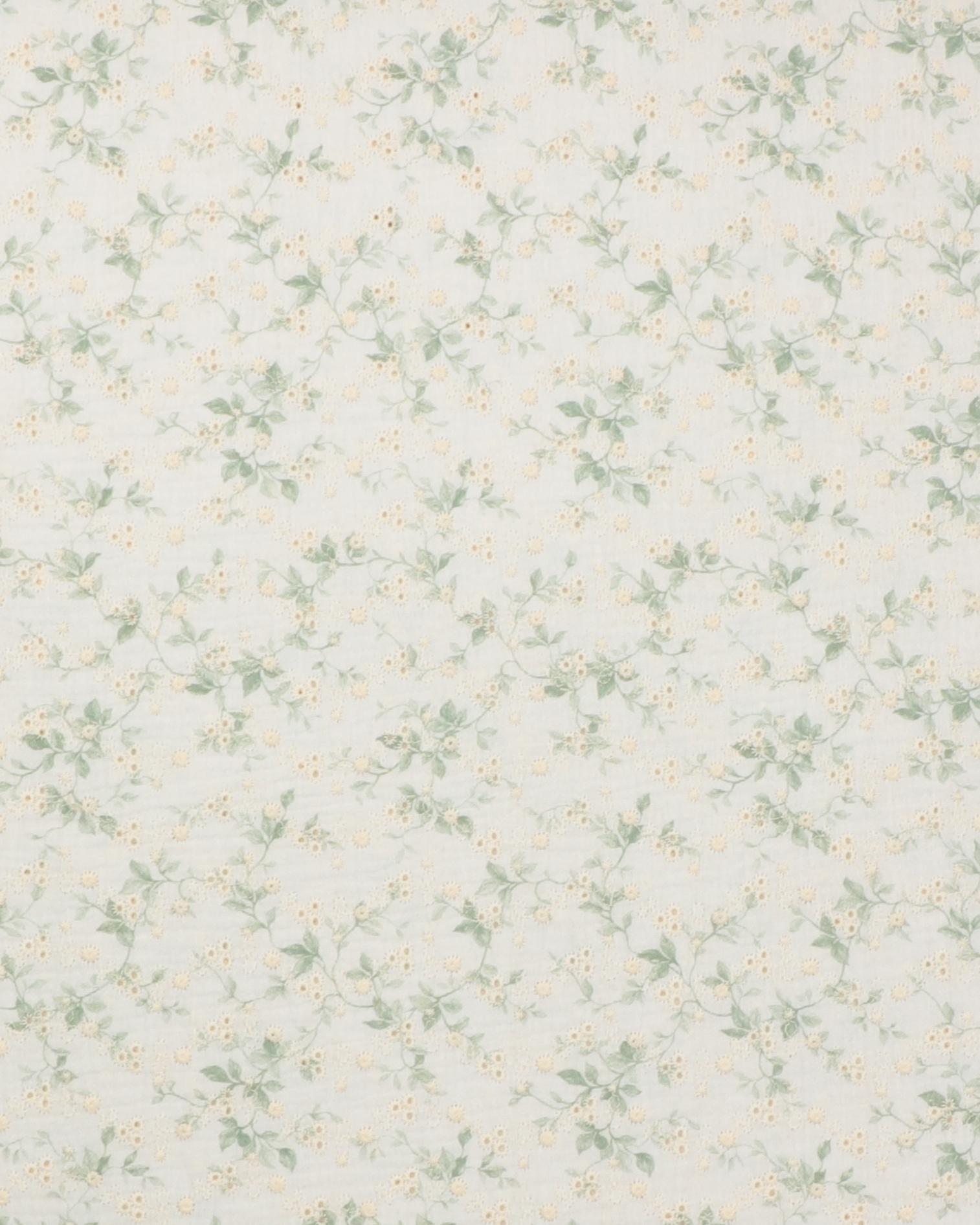 Grønne blade og broderet blomster - Double Gauze/musselin stof - 100% Bomuld