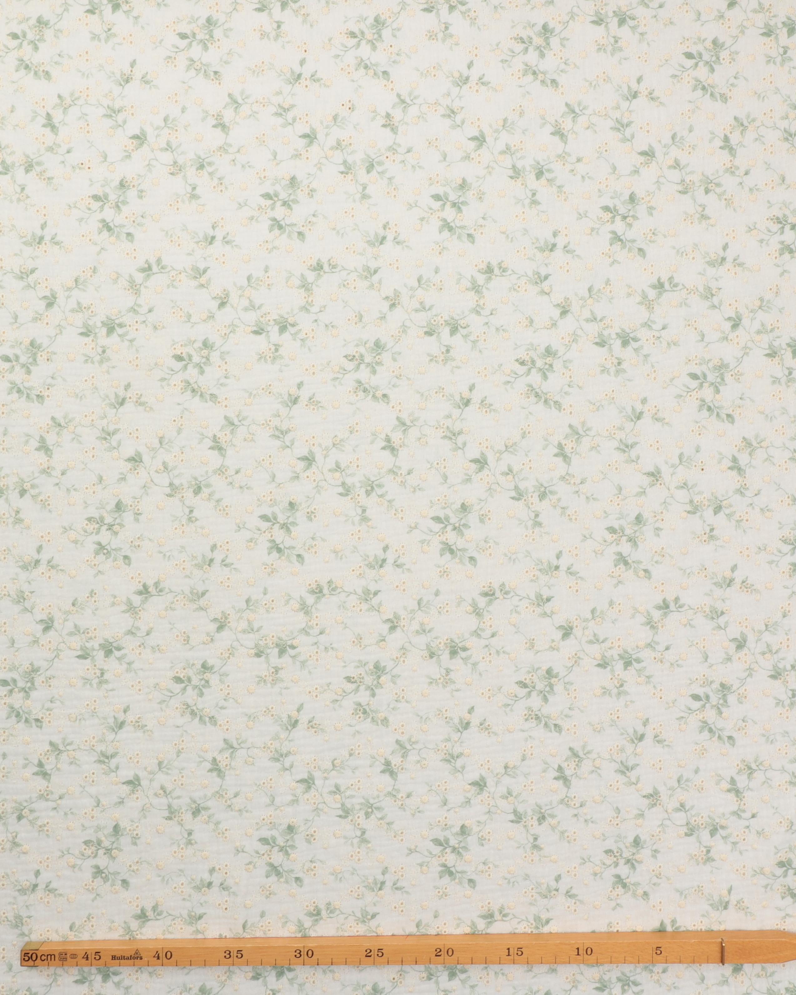 Grønne blade og broderet blomster - Double Gauze/musselin stof 4 Grønne blade og broderet blomster - Double Gauze/musselin stof - Billede 2