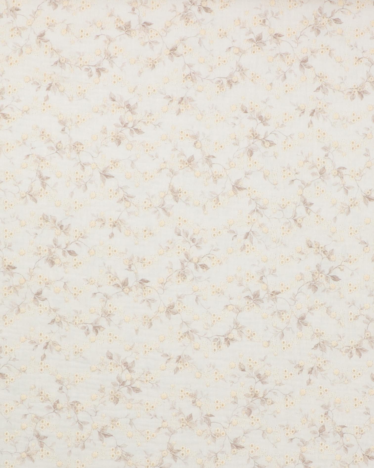 Lys brune blade og broderet blomster - Double Gauze/musselin stof - 100% Bomuld