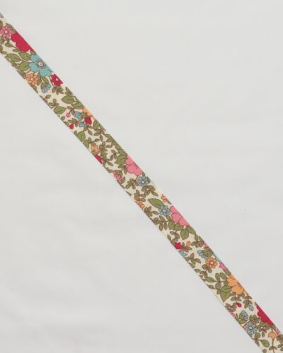 20 mm skråbånd, rosa blomst grønne blade - Bomuld