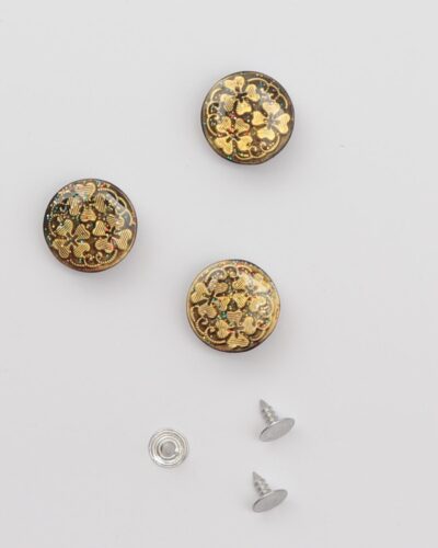 Patentknap, sort/guld med glimmer - ca. 20 mm