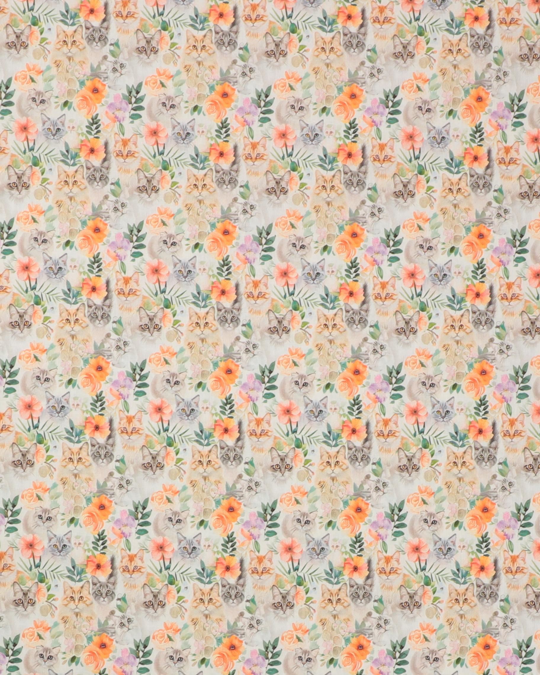 Fine små katte, blomster og grønne blade - Bomuld 3 Fine små katte, blomster og grønne blade - Bomuld