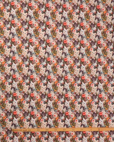 Alternative view of Hvide og gråsorte katte, blade og blomster - Bomuld