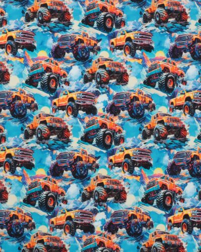 Køb stof online - Billigt stof i mange farver og mønstre 16 Orangegul monstertruck - French Terry